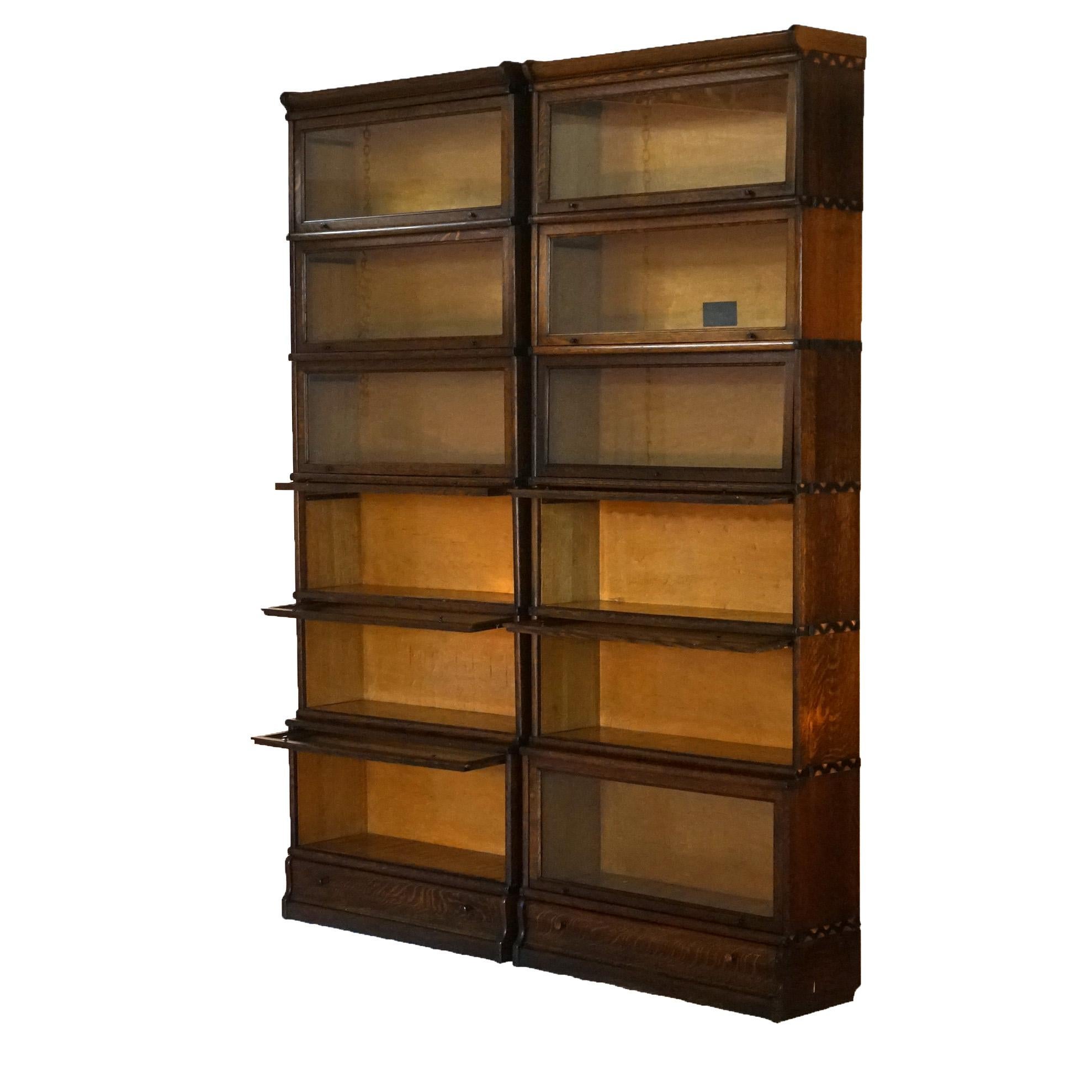Pair of Arts & Crafts Macey Six Stack Oak Barrister Bookcases C1920 6