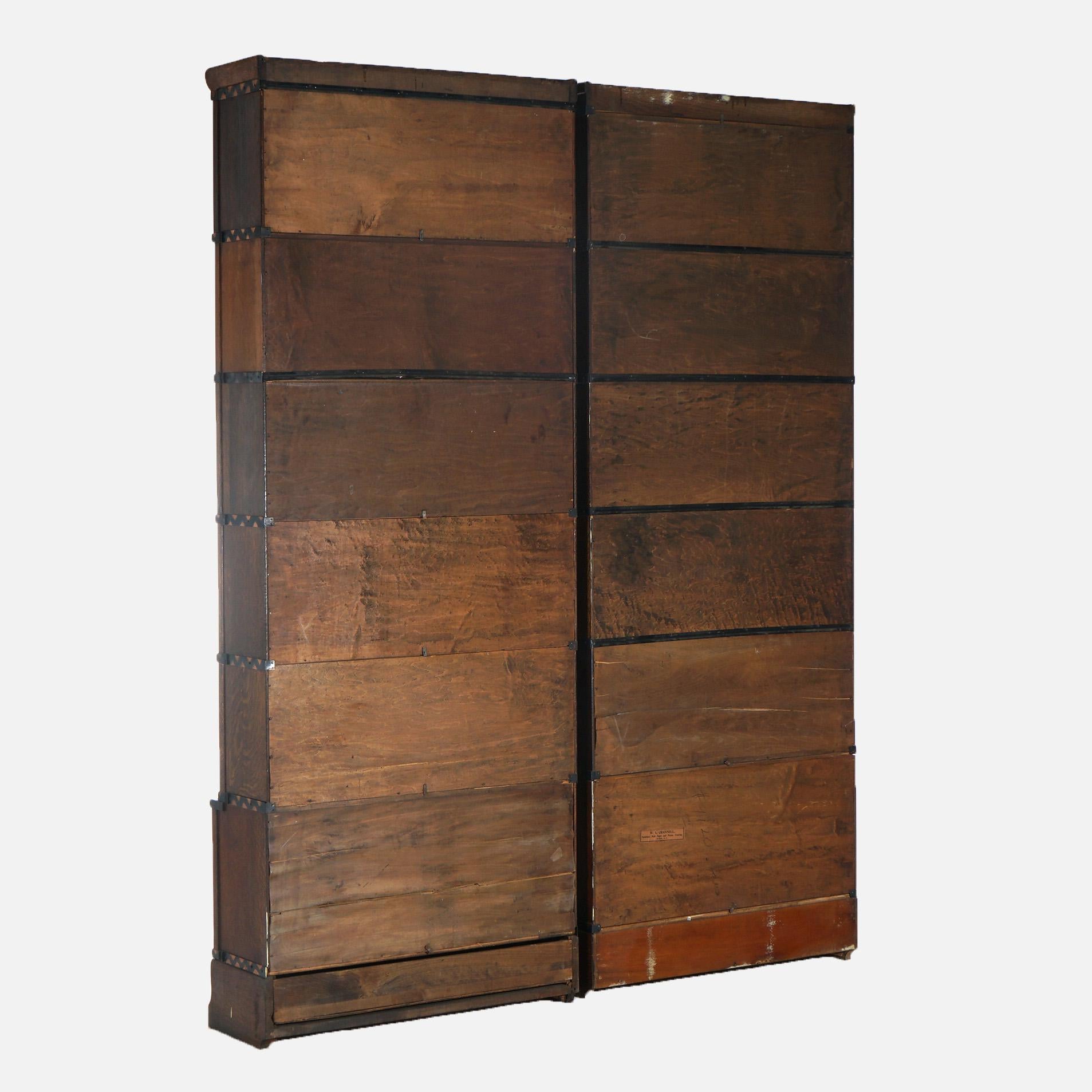 Pair of Arts & Crafts Macey Six Stack Oak Barrister Bookcases C1920 7
