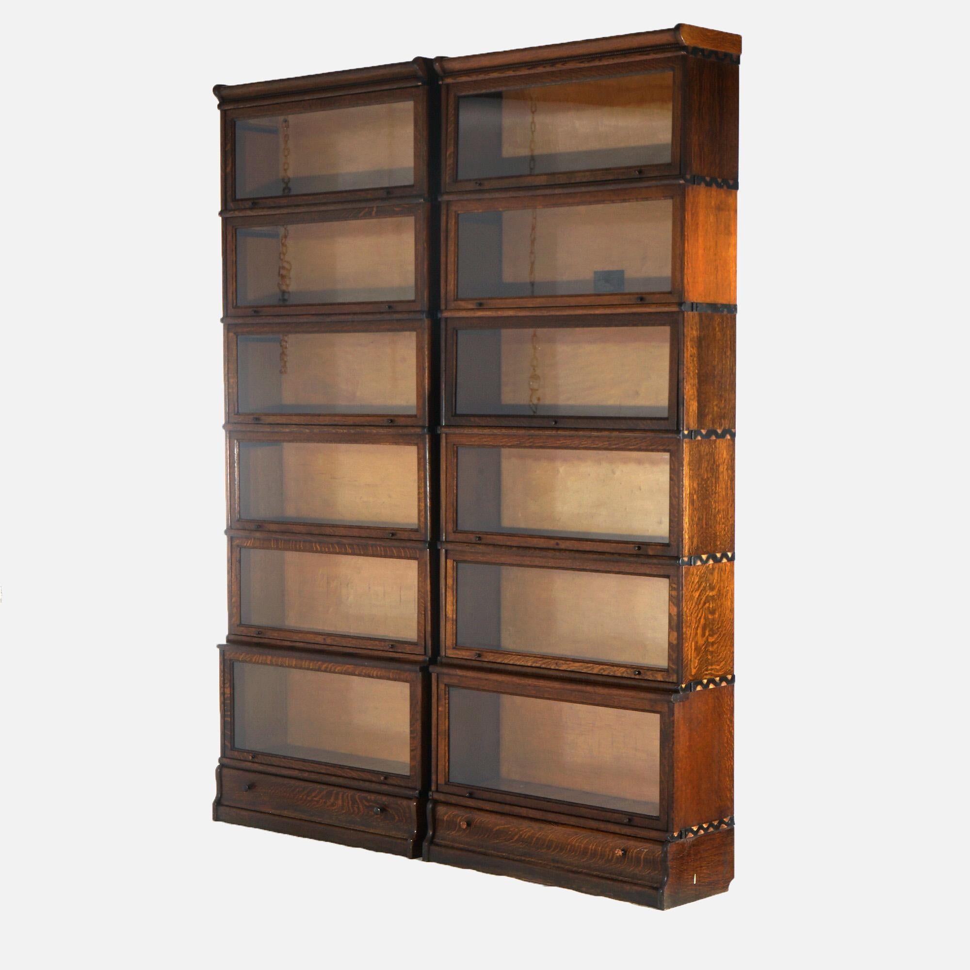 ***Reduced Delivery Rates - See Below or Click “Ask The Seller” to Request a Quote***

Pair of Arts & Crafts Macey Six Stack Oak Barrister Bookcases with Pull Out Glass Doors and Ogee Bases, C1920

Measure - 90