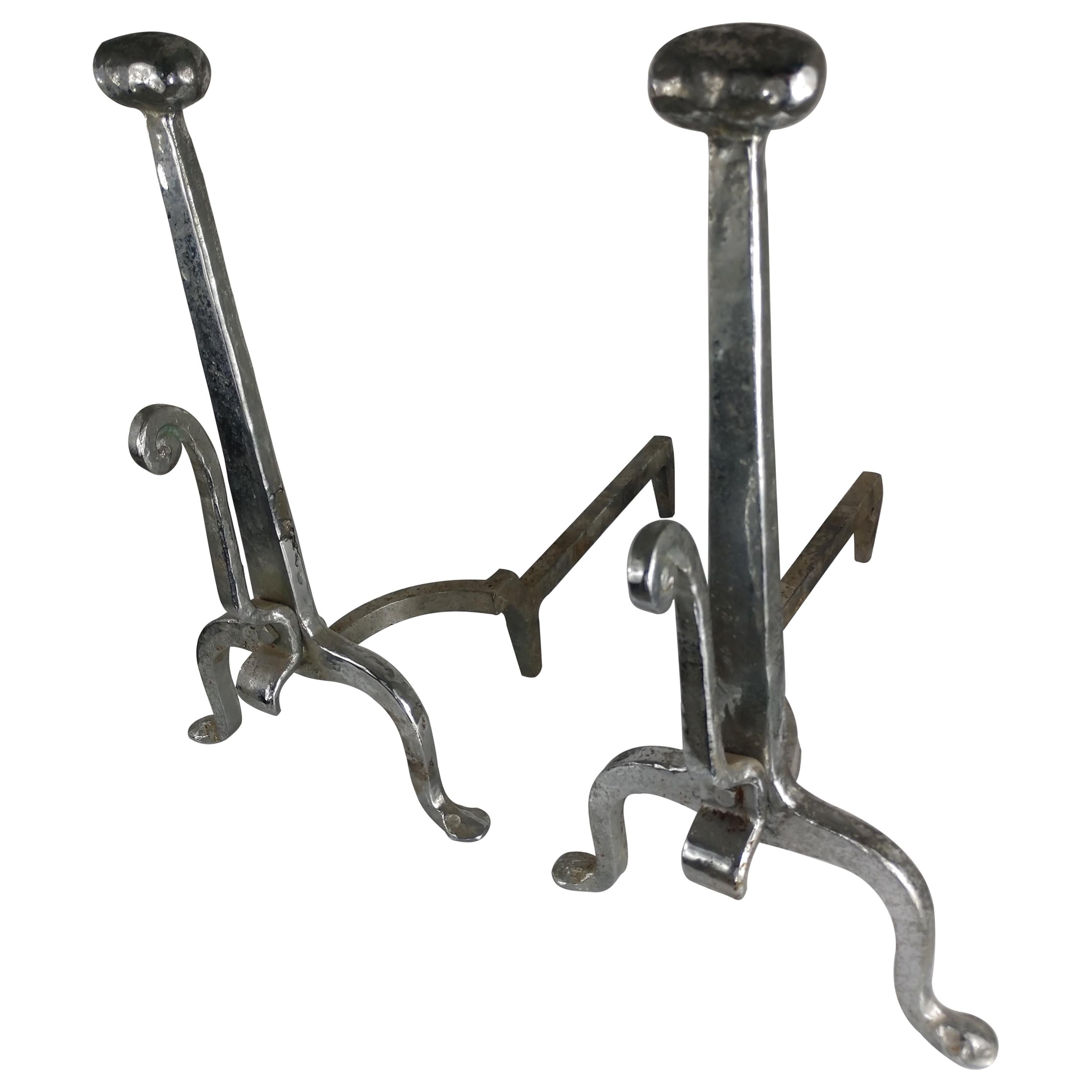 American Pair of Arts & Crafts Modern Chrome Andirons For Sale