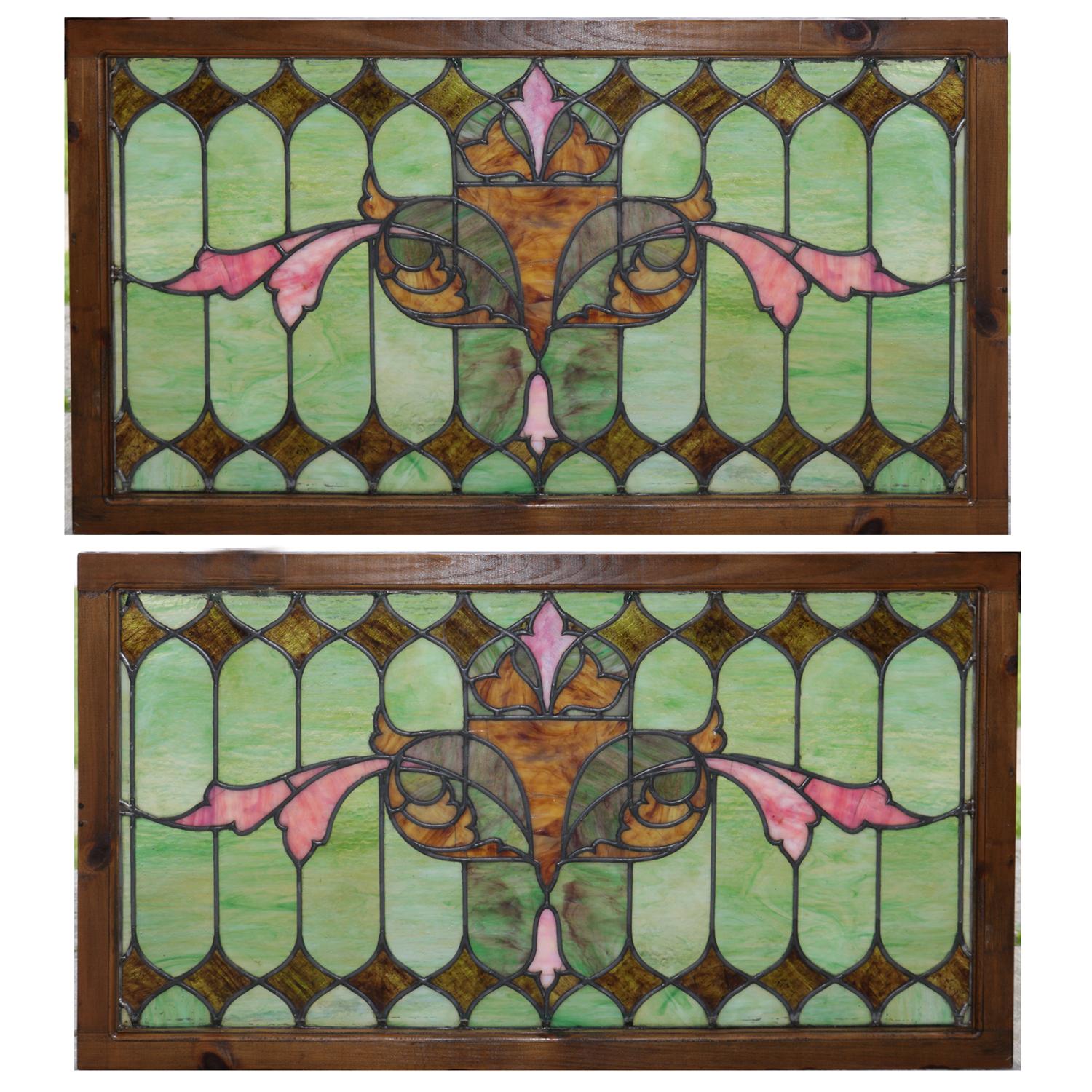 Pair of Arts & Crafts Mosaic Leaded Glass Windows, Stylized Eyes Design
