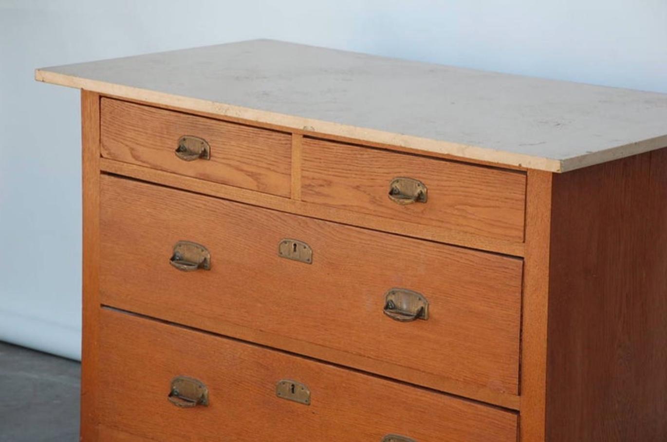 Pair of Arts & Crafts Oak and Travertine Chest of Drawers In Excellent Condition For Sale In Los Angeles, CA
