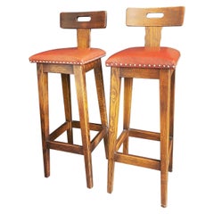 Used Pair of Arts & Crafts Oak, Elm and Leather Stools with Stud Detail