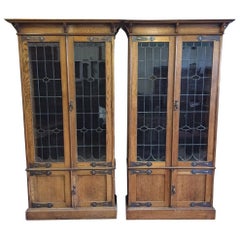 Pair of Arts & Crafts Oak Glazed Bookcases with Stylized Copper Hinges & Handles