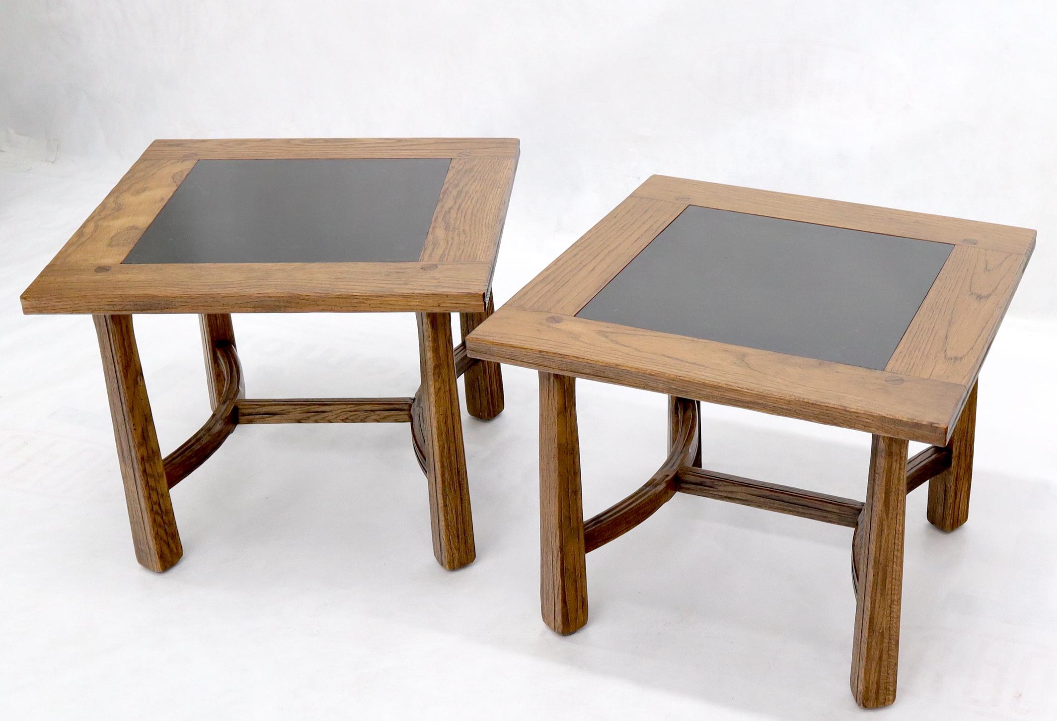 Mid-Century Modern Pair of Arts & Crafts Oak Tapered Legs Square Side End Tables with Slate Tops