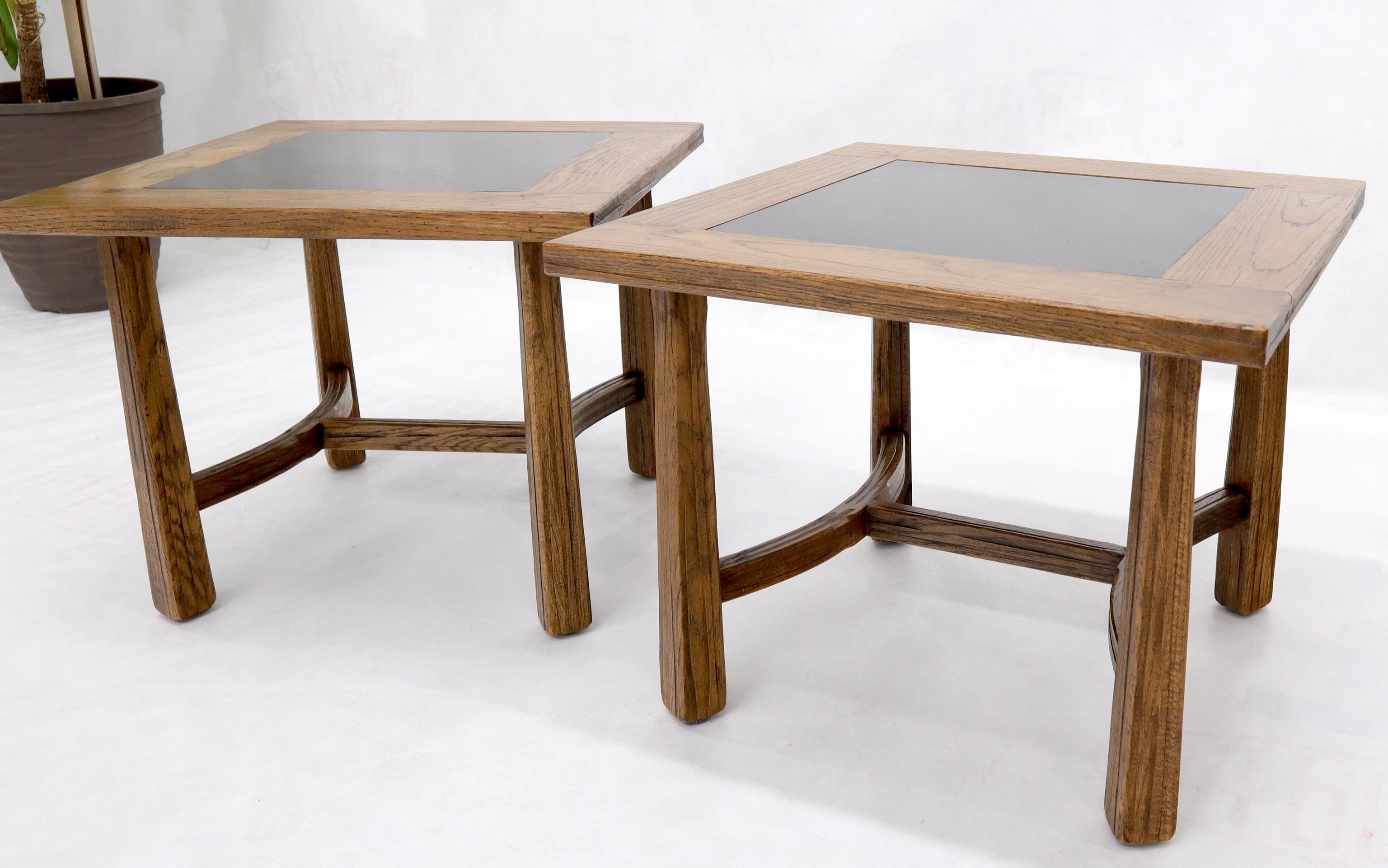 American Pair of Arts & Crafts Oak Tapered Legs Square Side End Tables with Slate Tops