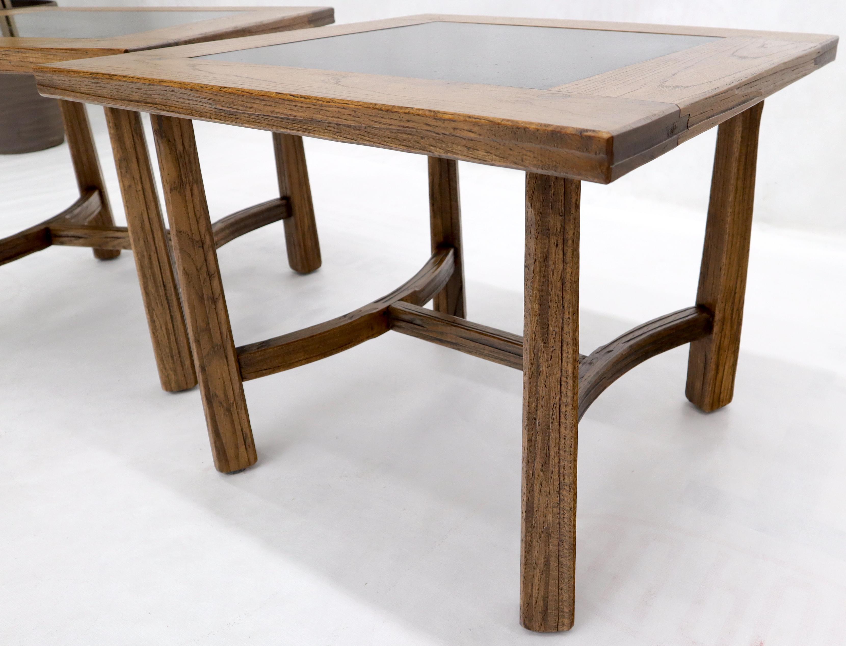 Lacquered Pair of Arts & Crafts Oak Tapered Legs Square Side End Tables with Slate Tops