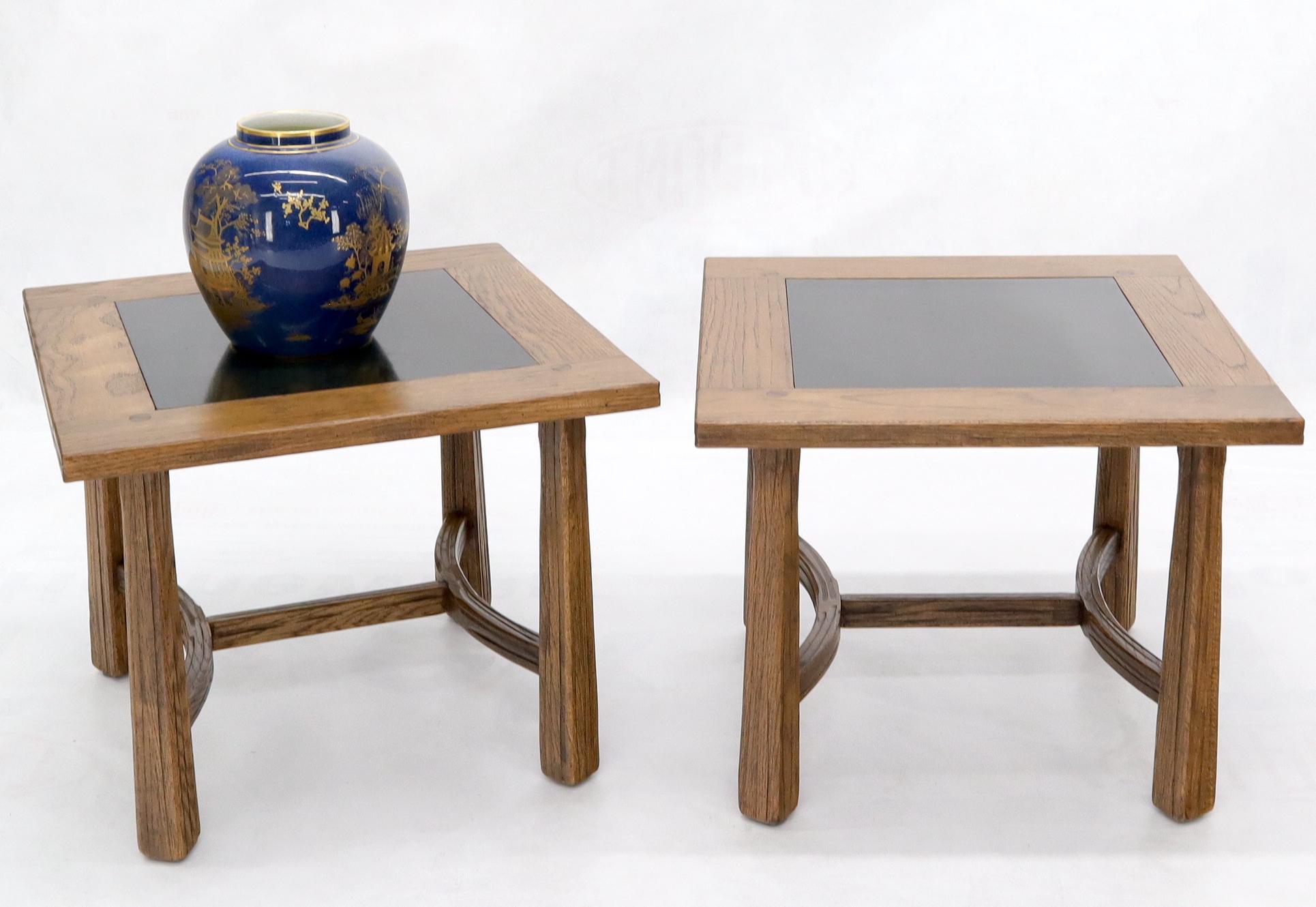 Pair of Arts & Crafts Oak Tapered Legs Square Side End Tables with Slate Tops 1