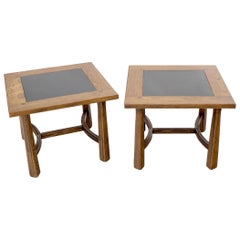 Pair of Arts & Crafts Oak Tapered Legs Square Side End Tables with Slate Tops