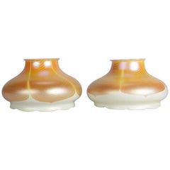 Pair of Arts & Crafts Oversized Quezal Pulled Feather Gold Aurene Shades