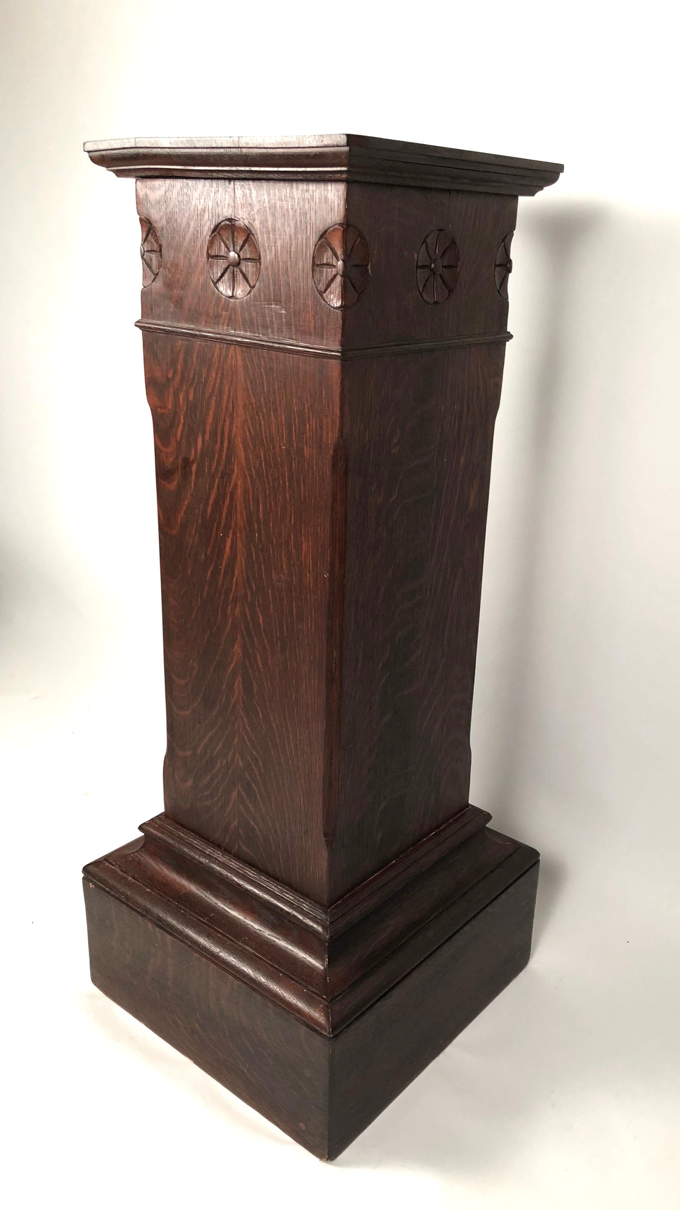 Arts and Crafts Pair of Arts & Crafts Period Carved Oak Pedestals