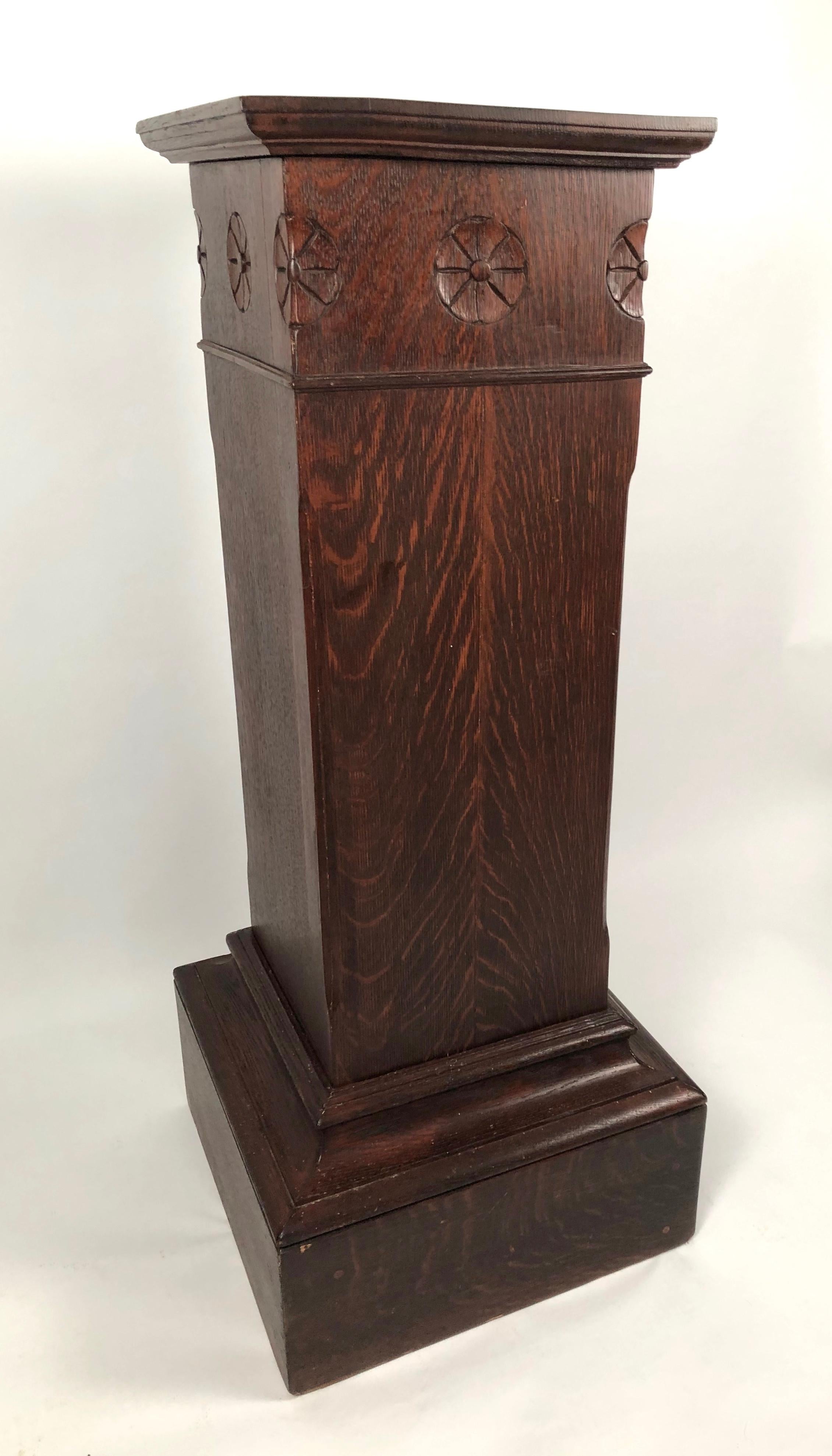 American Pair of Arts & Crafts Period Carved Oak Pedestals