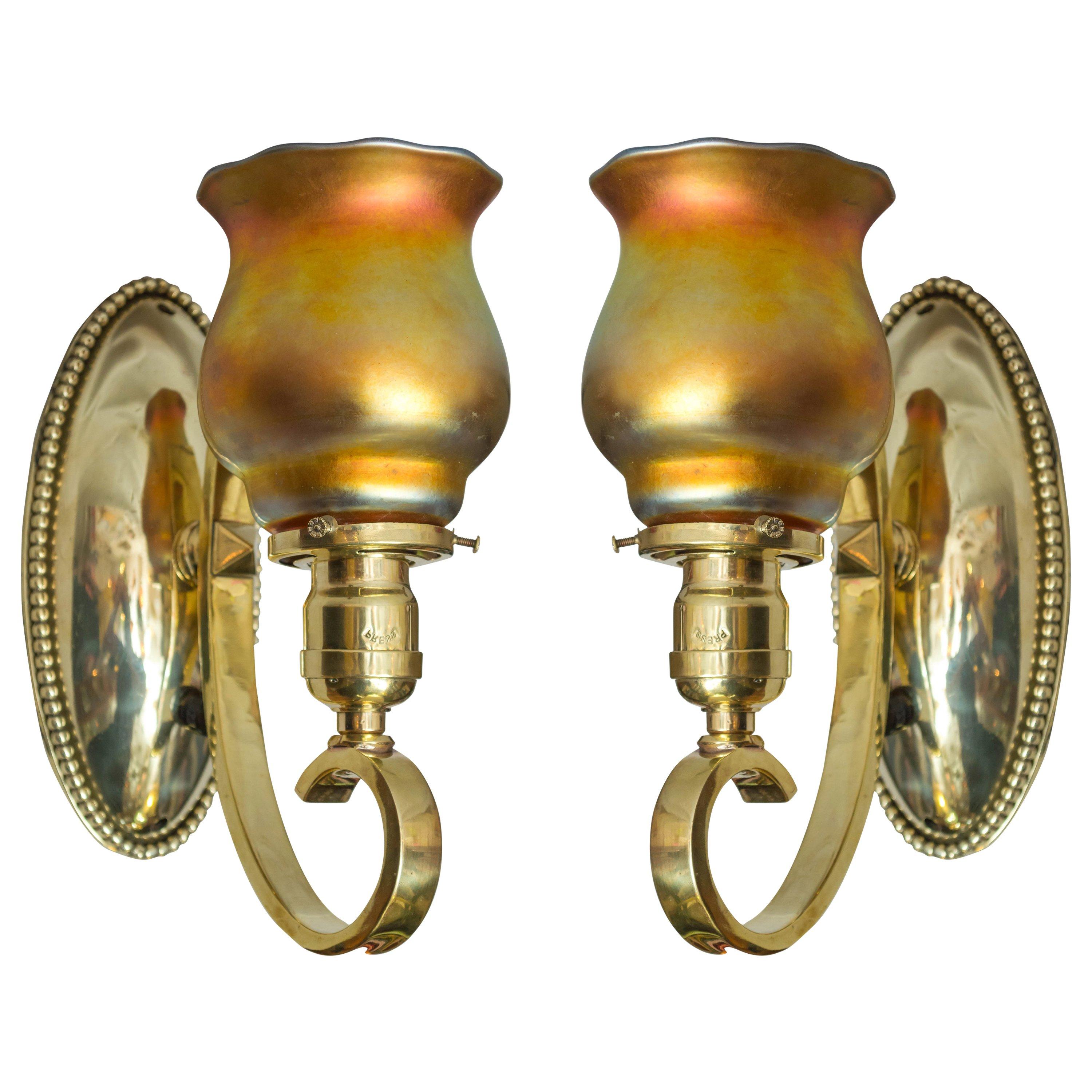 Pair of Arts & Crafts Polished Brass Sconces with Handblown Glass Shades