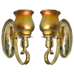 Pair of Arts & Crafts Polished Brass Sconces with Handblown Glass Shades