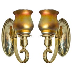 Antique Pair of Arts & Crafts Polished Brass Sconces with Handblown Glass Shades