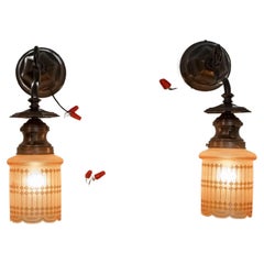 Pair of Arts & Crafts Scoces w/Unusual Glass Shades, All Original, ca.1910