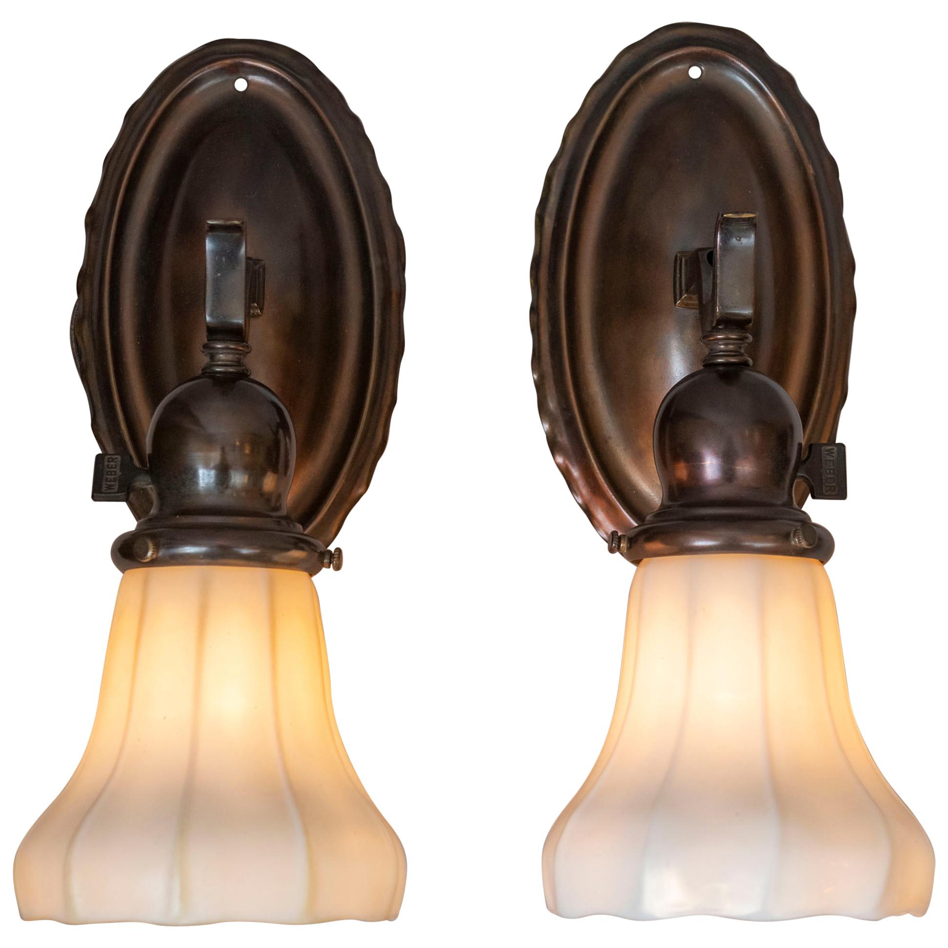 Pair of Arts 
Crafts Sconces with Steuben Glass Shades, circa 1910