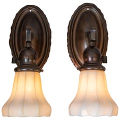 Antique Pair of Arts & Crafts Sconces with Steuben Glass Shades, circa 1910
