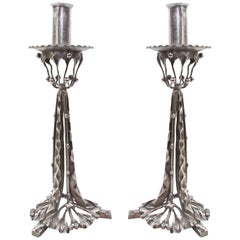 Pair of Arts & Crafts Silvered Wrought Iron Candleholders, circa 1910
