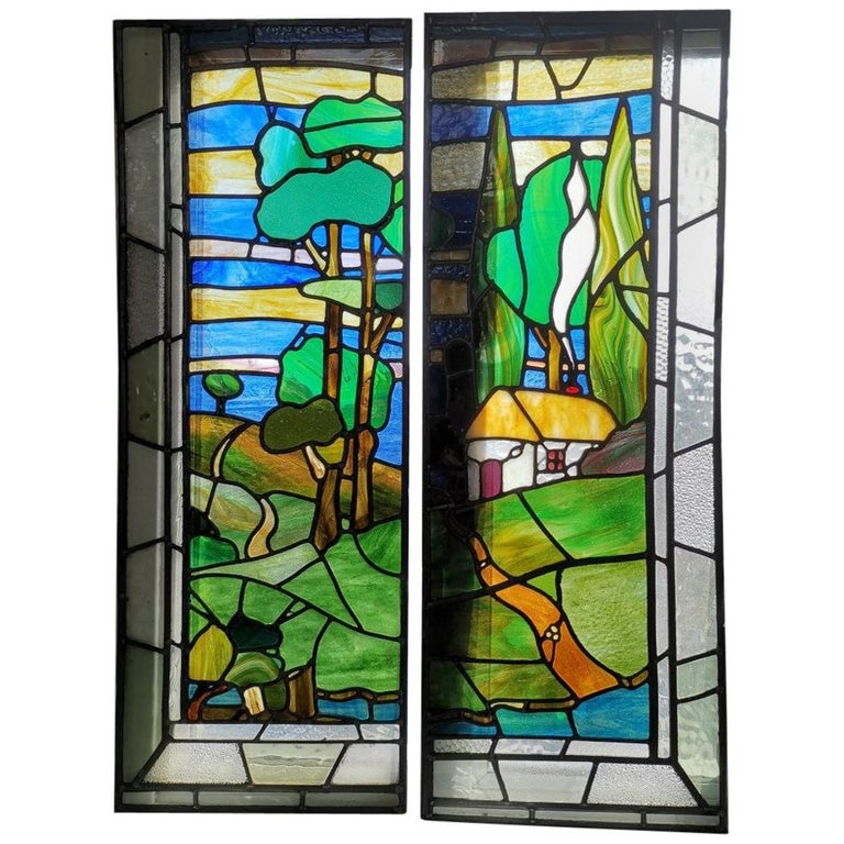 Pair Of Arts And Crafts Stained Glass Windows Depicting A Little Cottage On A Hill For Sale At 1stdibs