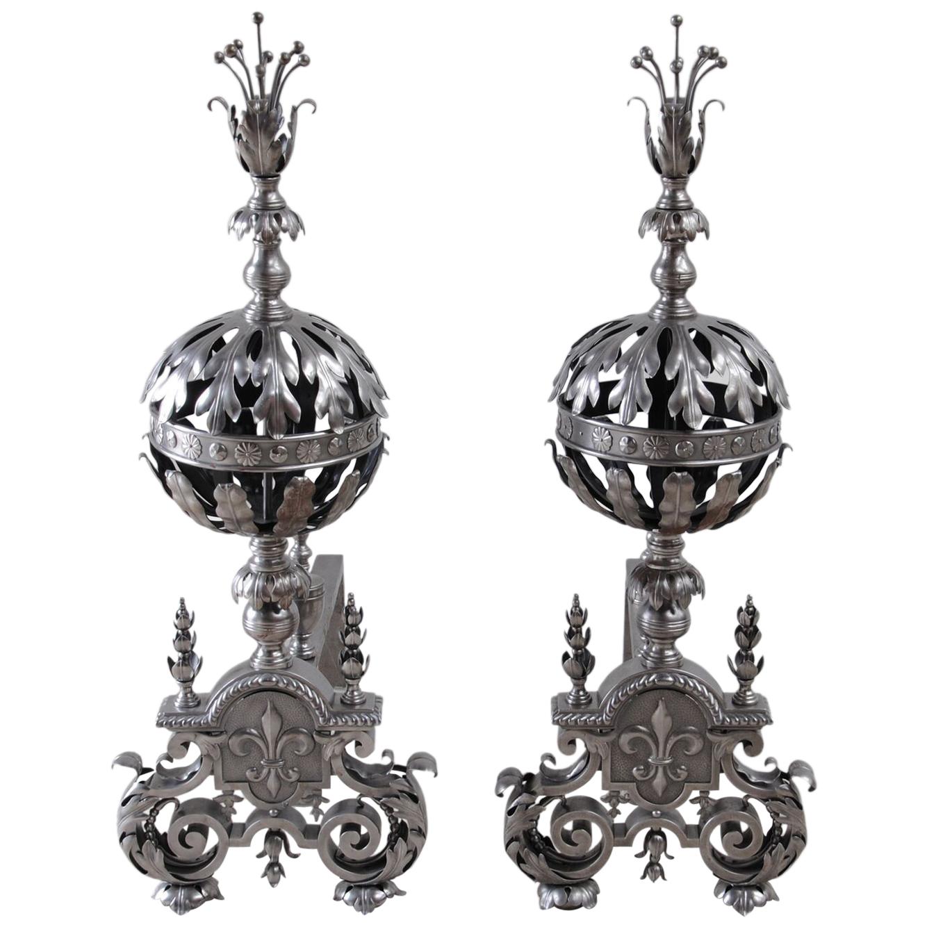 Pair of Arts & Crafts Steel Andirons