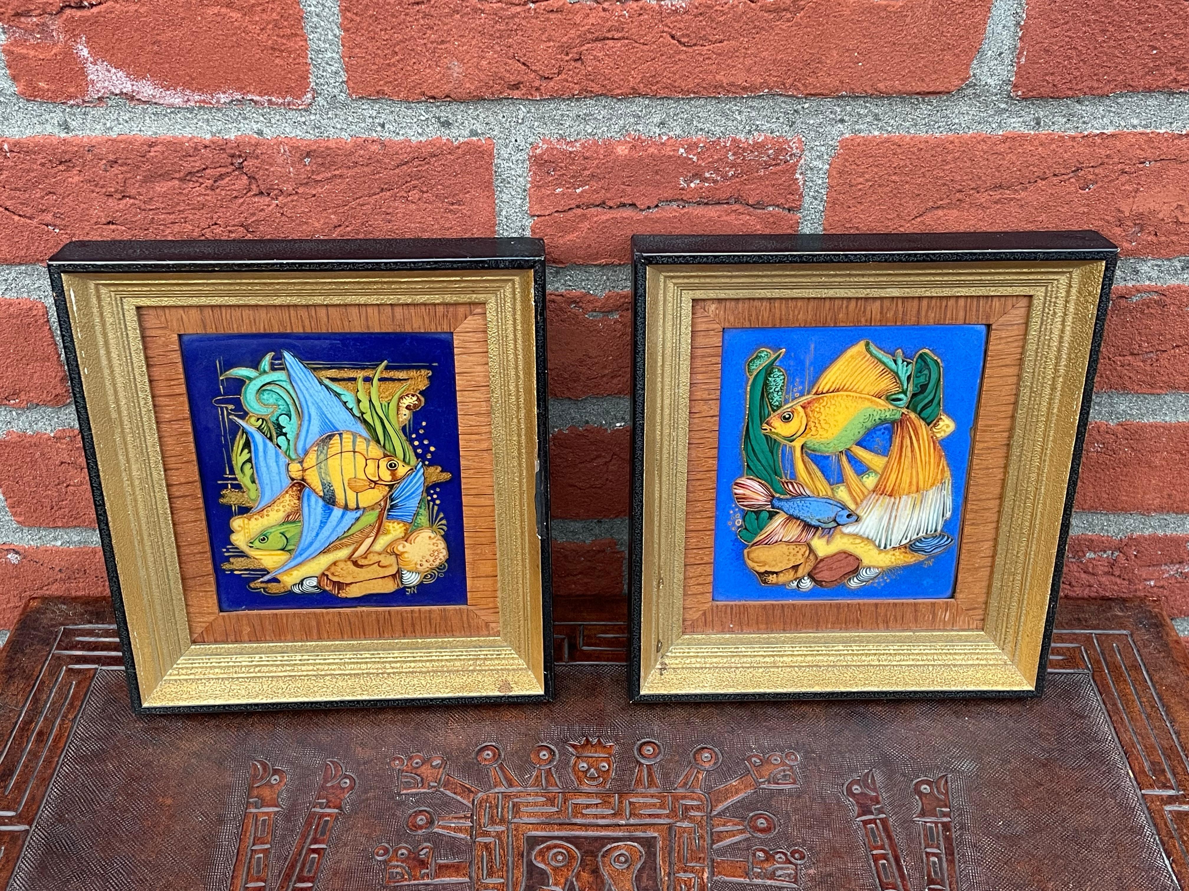 Pair of Arts & Crafts Style Hand Painted & Enameled Tropical Fish Paintings 1940 For Sale 4