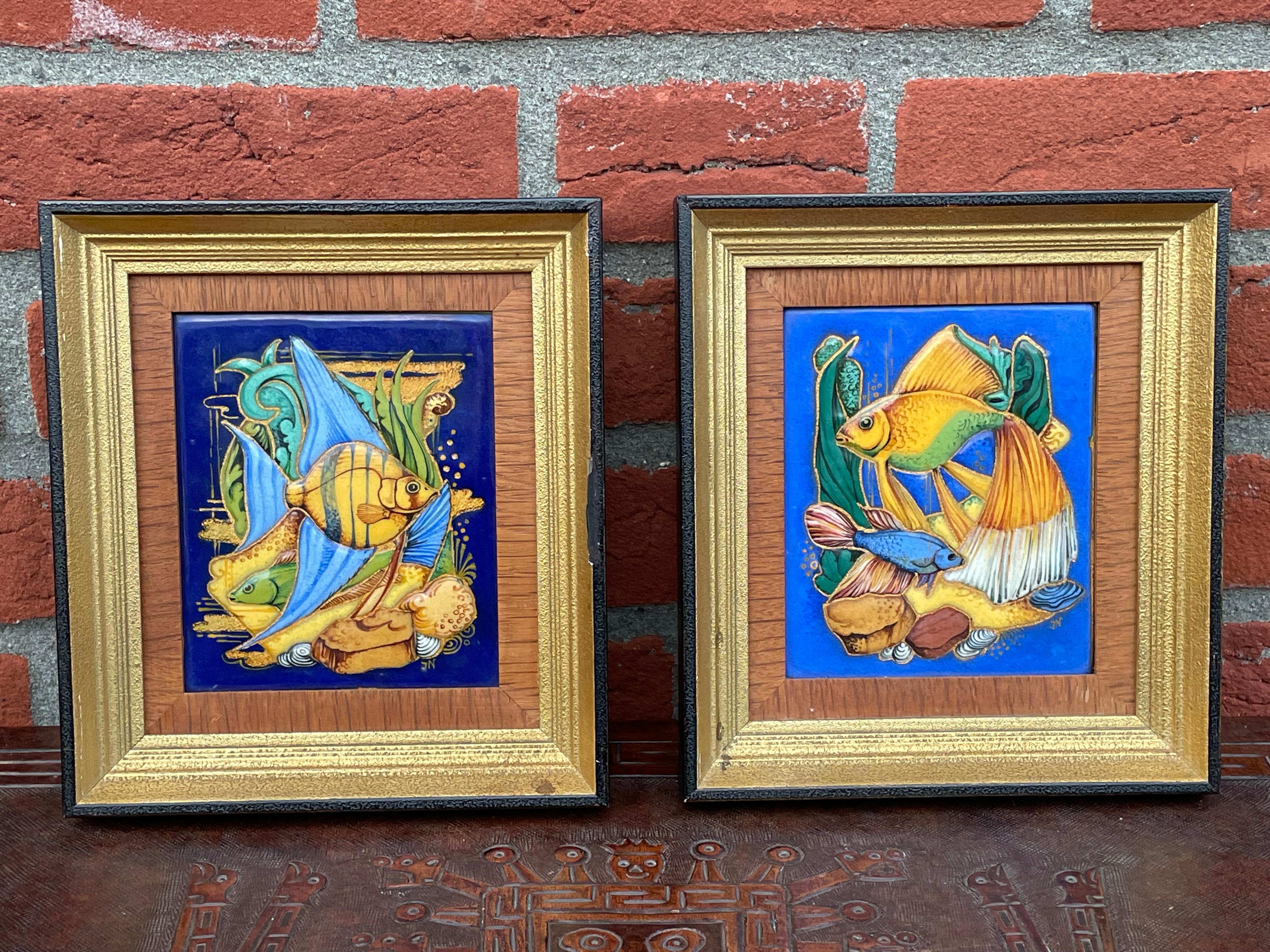 Pair of Arts & Crafts Style Hand Painted & Enameled Tropical Fish Paintings 1940 For Sale 5
