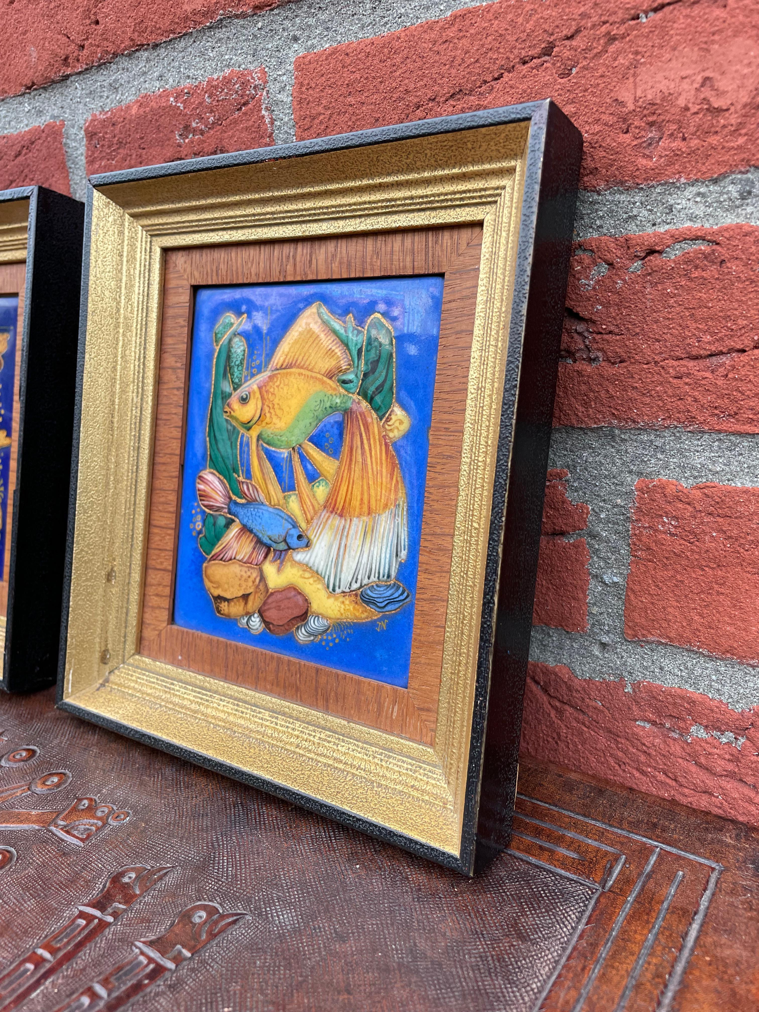 Hand-Painted Pair of Arts & Crafts Style Hand Painted & Enameled Tropical Fish Paintings 1940 For Sale