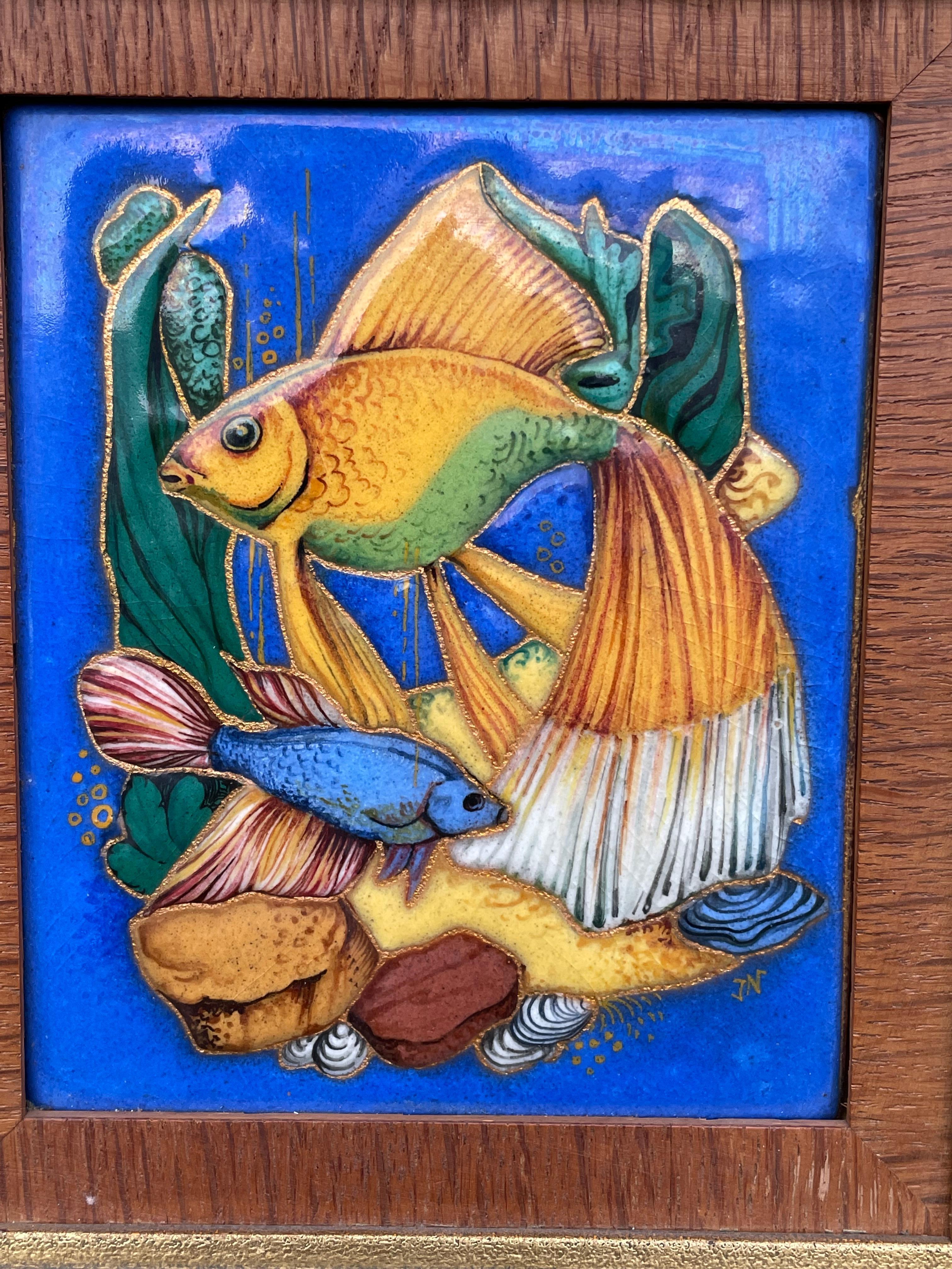 Pair of Arts & Crafts Style Hand Painted & Enameled Tropical Fish Paintings 1940 For Sale 1