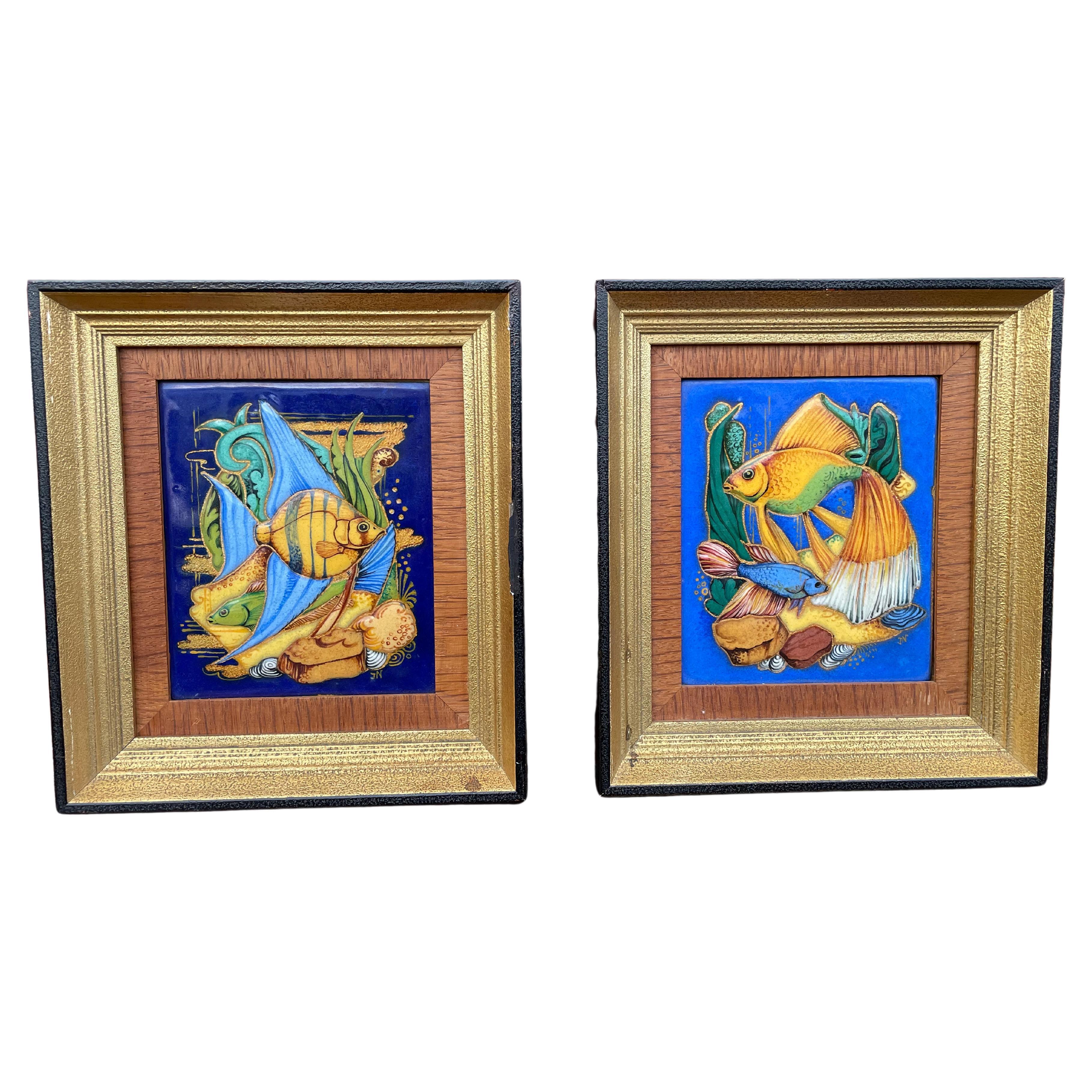 Pair of Arts & Crafts Style Hand Painted & Enameled Tropical Fish Paintings 1940 For Sale