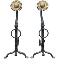 Pair of Arts & Crafts Style Iron and Brass Sunflower Andirons, circa 1880-1900