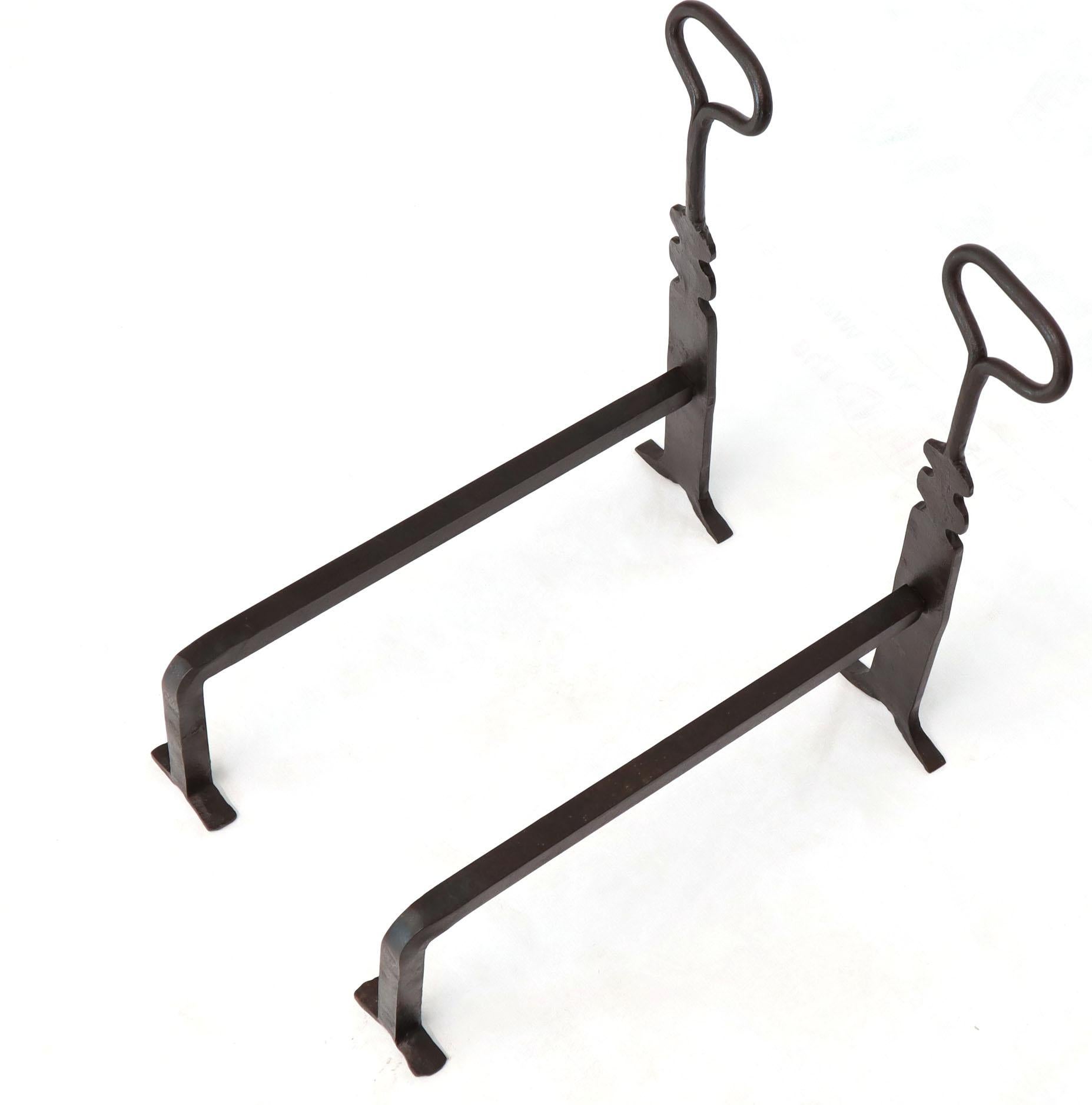 Arts and Crafts Pair of Arts & Crafts Style Wrought Iron End Irons