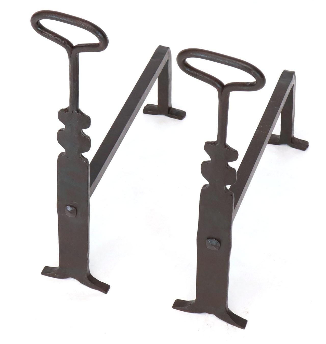 Pair of Arts & Crafts Style Wrought Iron End Irons In Good Condition In Rockaway, NJ