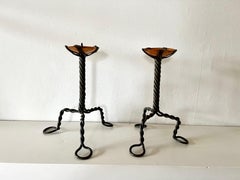 Pair of Arts & Crafts vintage antique candlesticks in wrought iron and copper