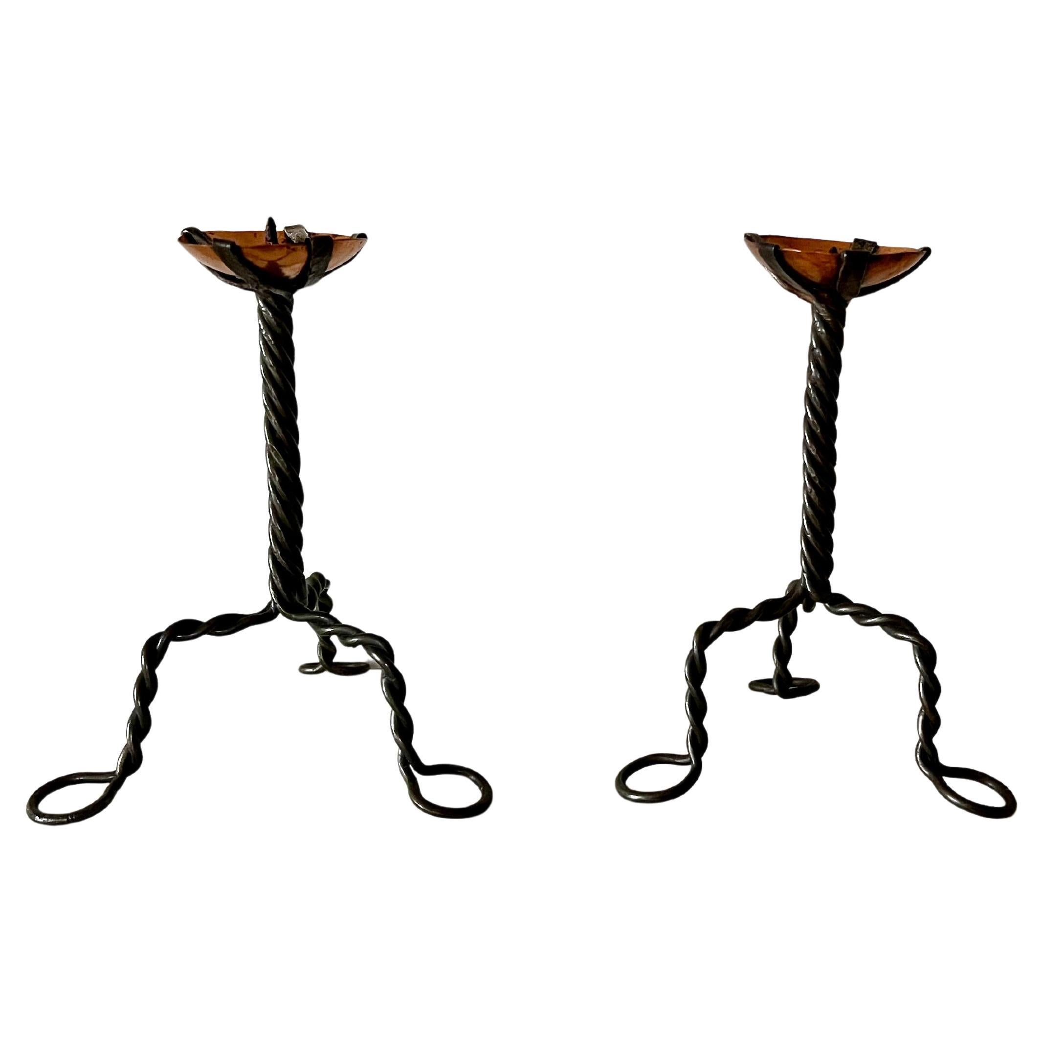 Pair of Arts & Crafts vintage antique candlesticks in wrought iron and copper