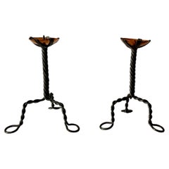 Pair of Arts & Crafts vintage antique candlesticks in wrought iron and copper