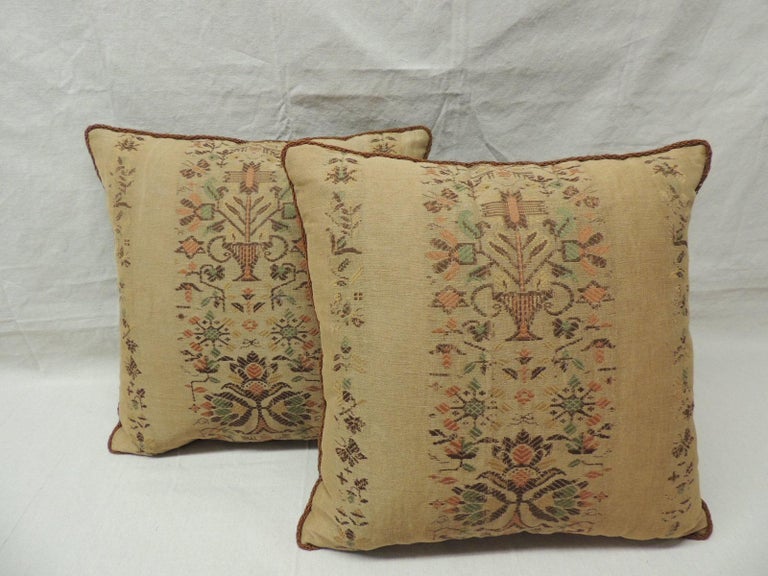 Pair Of Arts And Crafts Woven Linen Green And Orange Floral