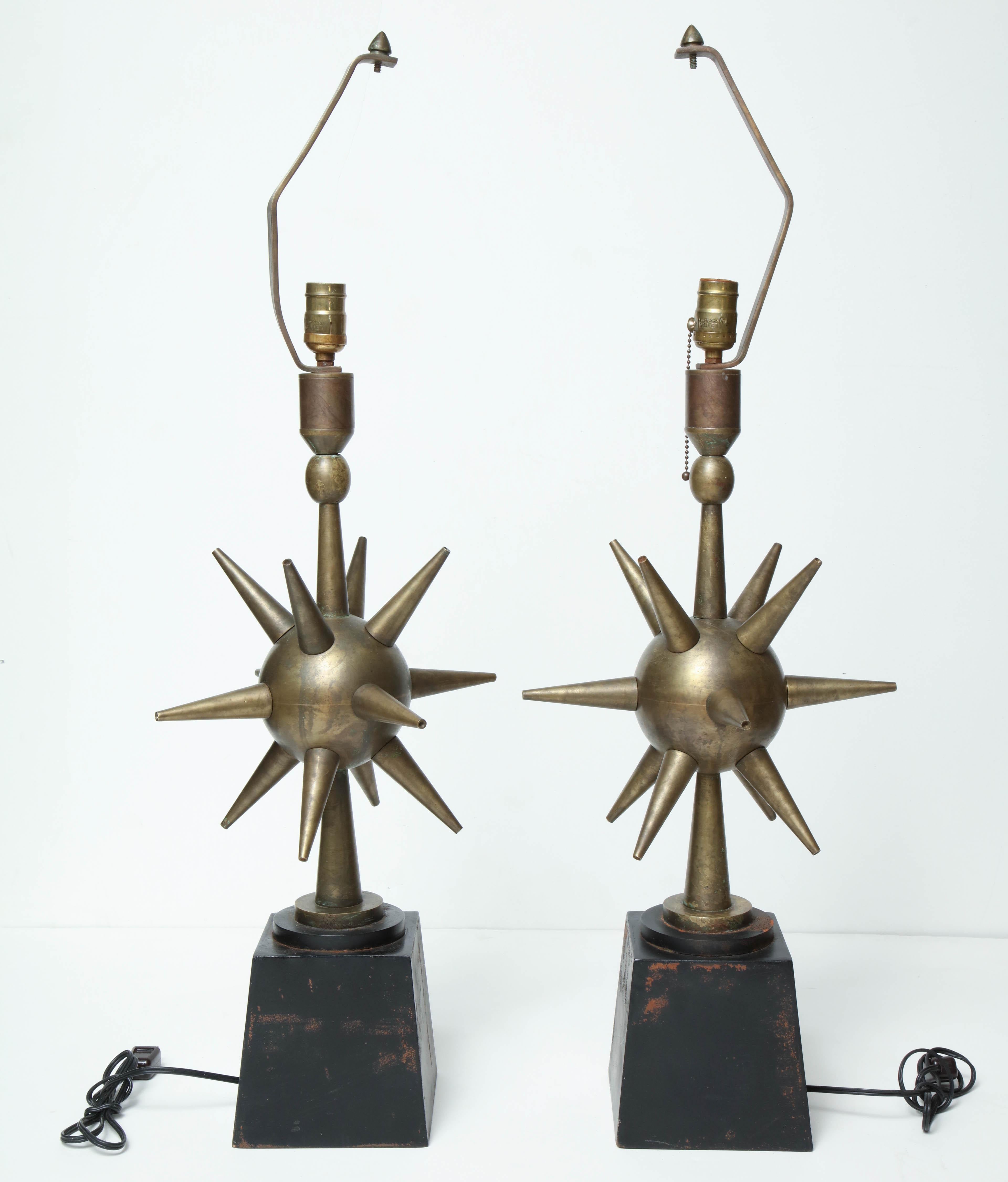 Pair of Arturo Pani Style Sphere Starburst Bronze Lamps 5