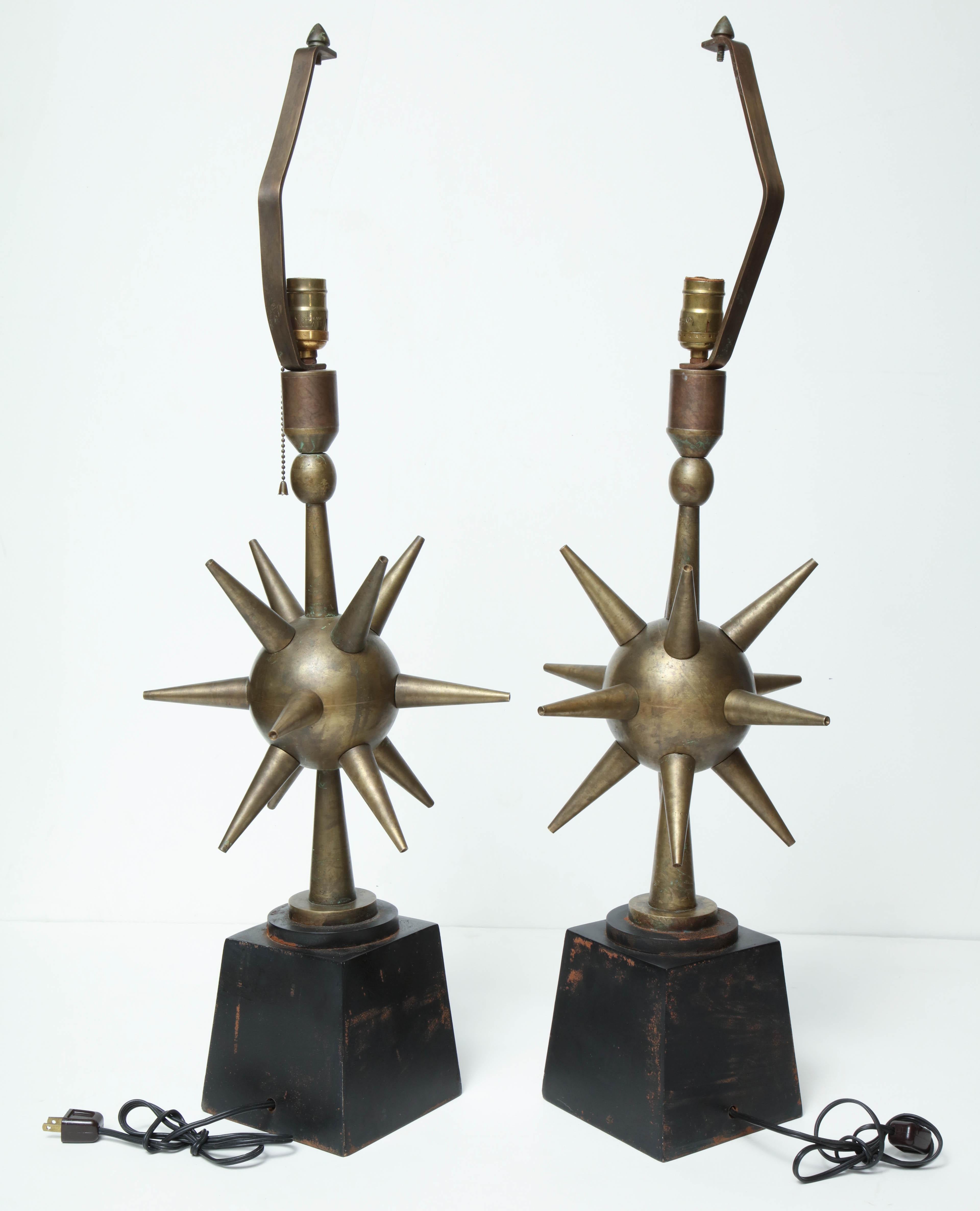 Pair of Arturo Pani Style Sphere Starburst Bronze Lamps 6