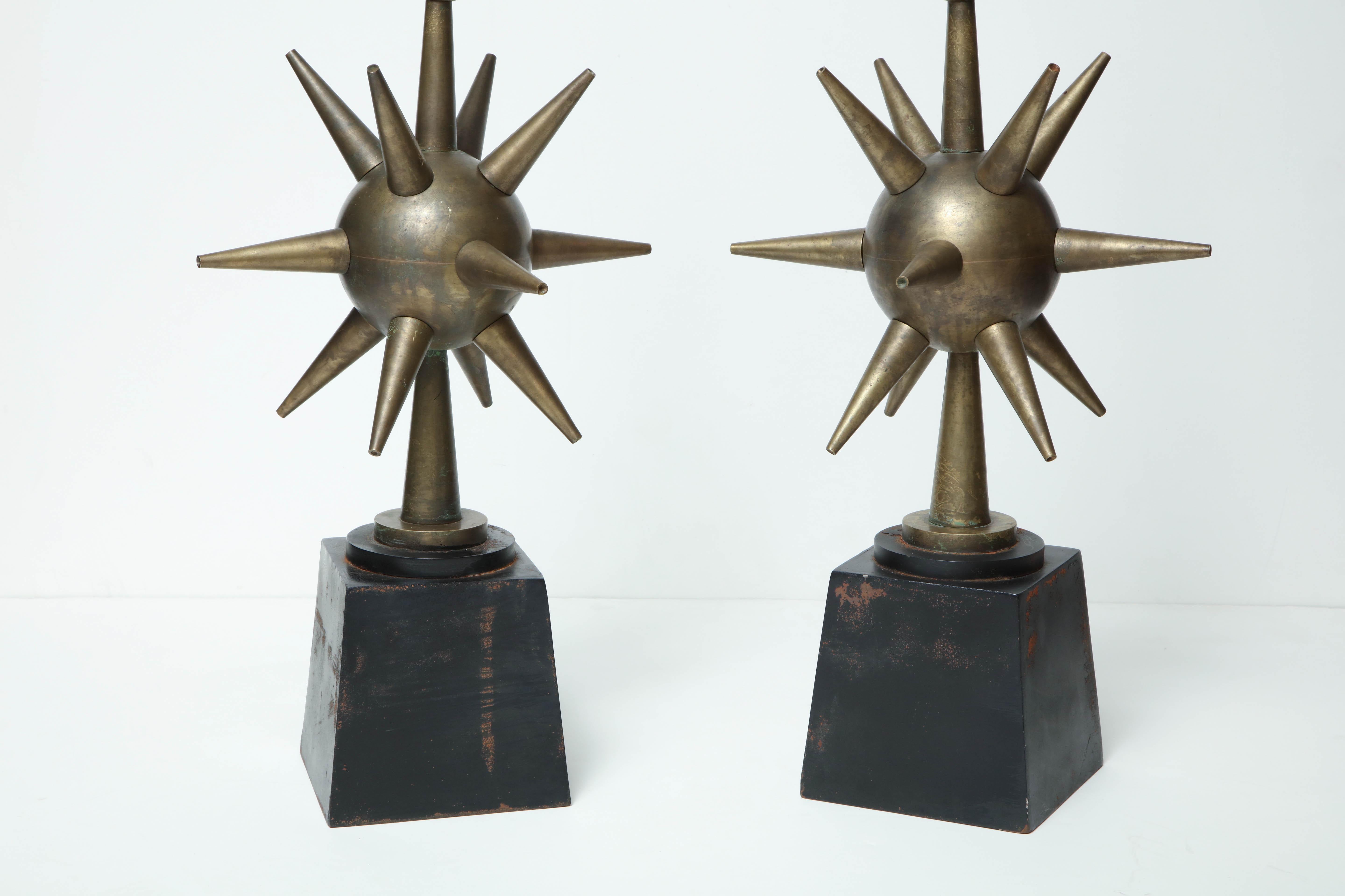 Mid-Century Modern Pair of Arturo Pani Style Sphere Starburst Bronze Lamps