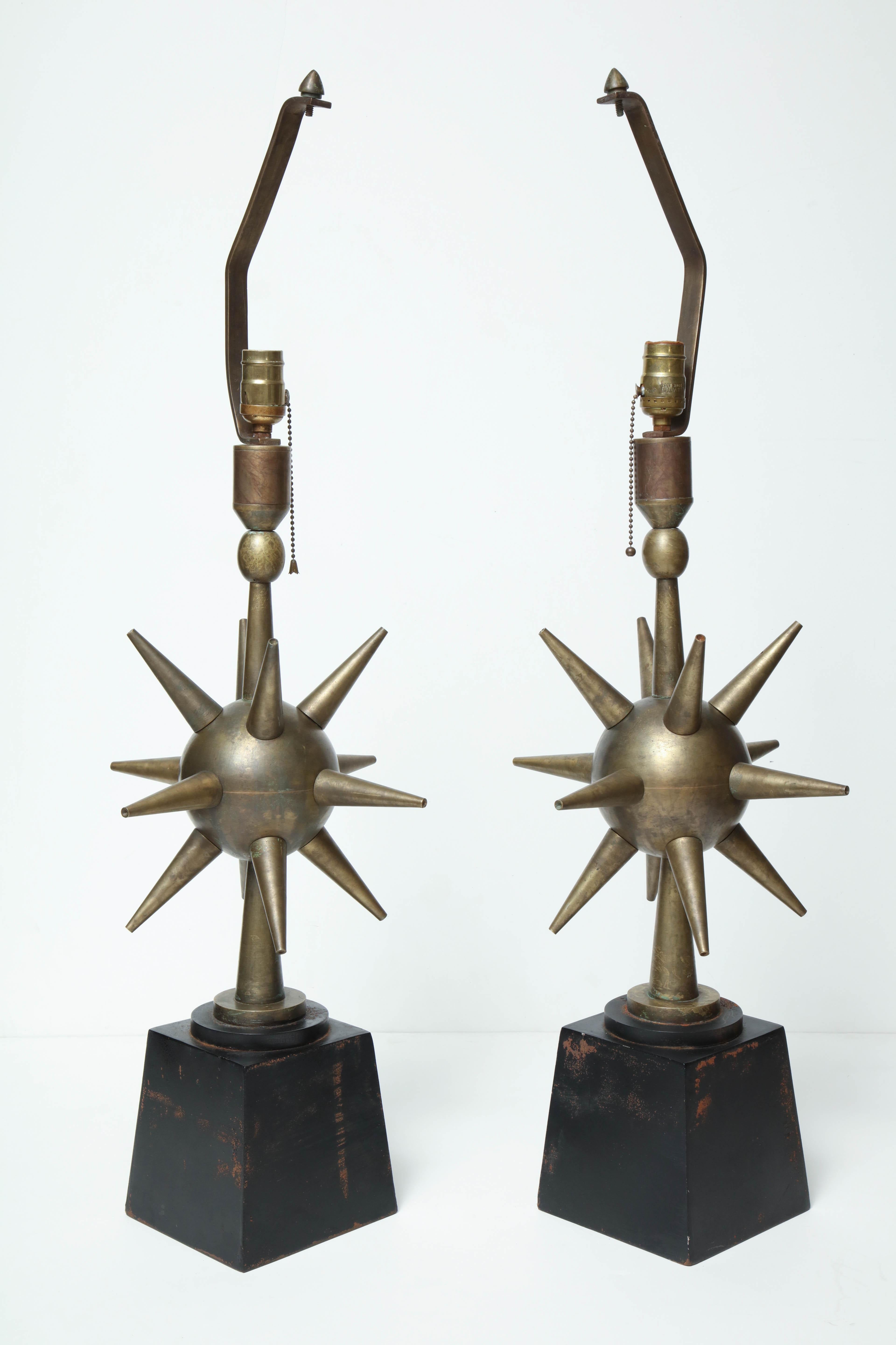 Pair of Arturo Pani Style Sphere Starburst Bronze Lamps 1