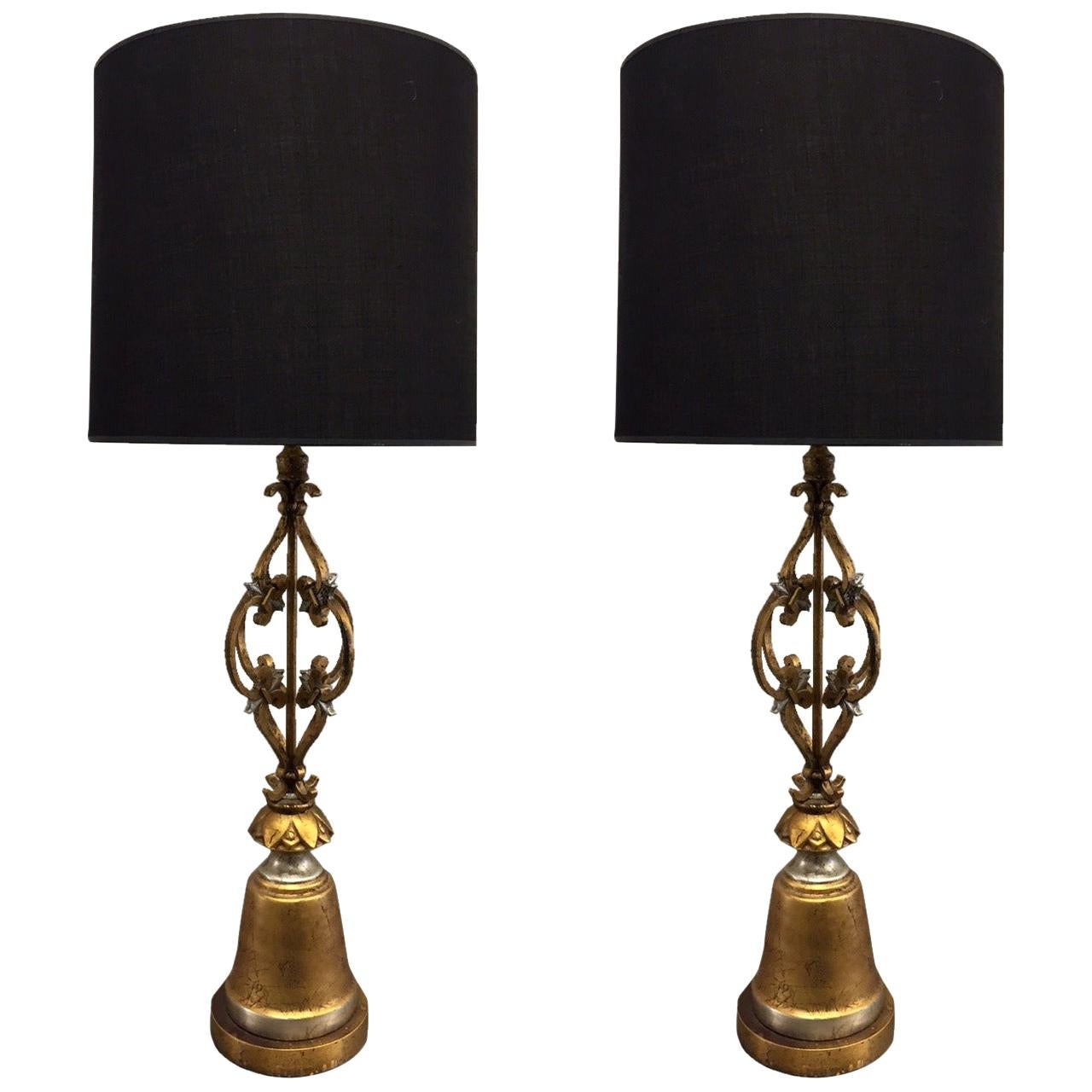 Pair of Arturo Pani Style Wrought Iron Gold Leaf Lamps For Sale