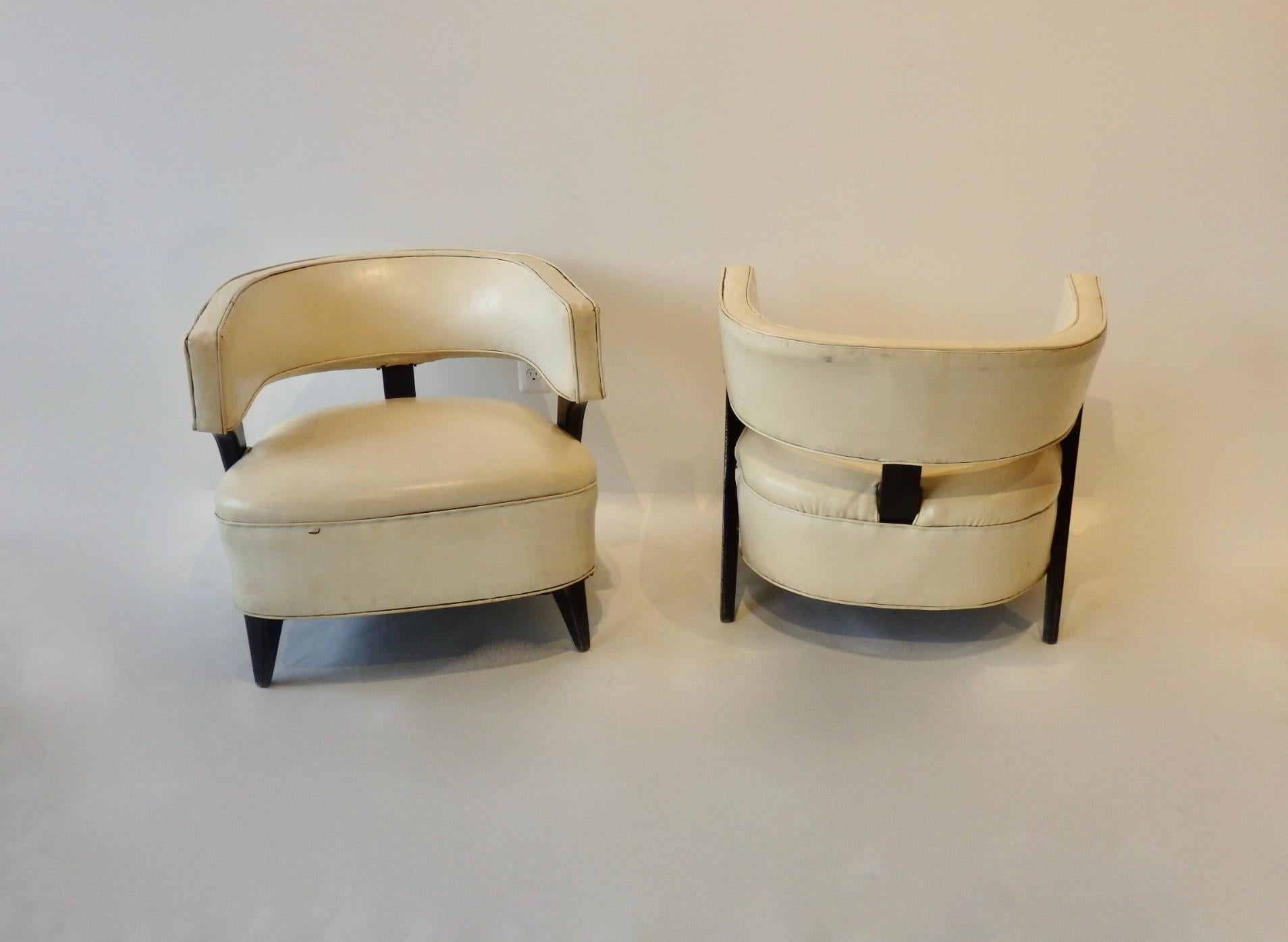 Streamlined Moderne Pair of as Found Paul Laszlo Style Art Deco Moderne Club or Lounge Chairs