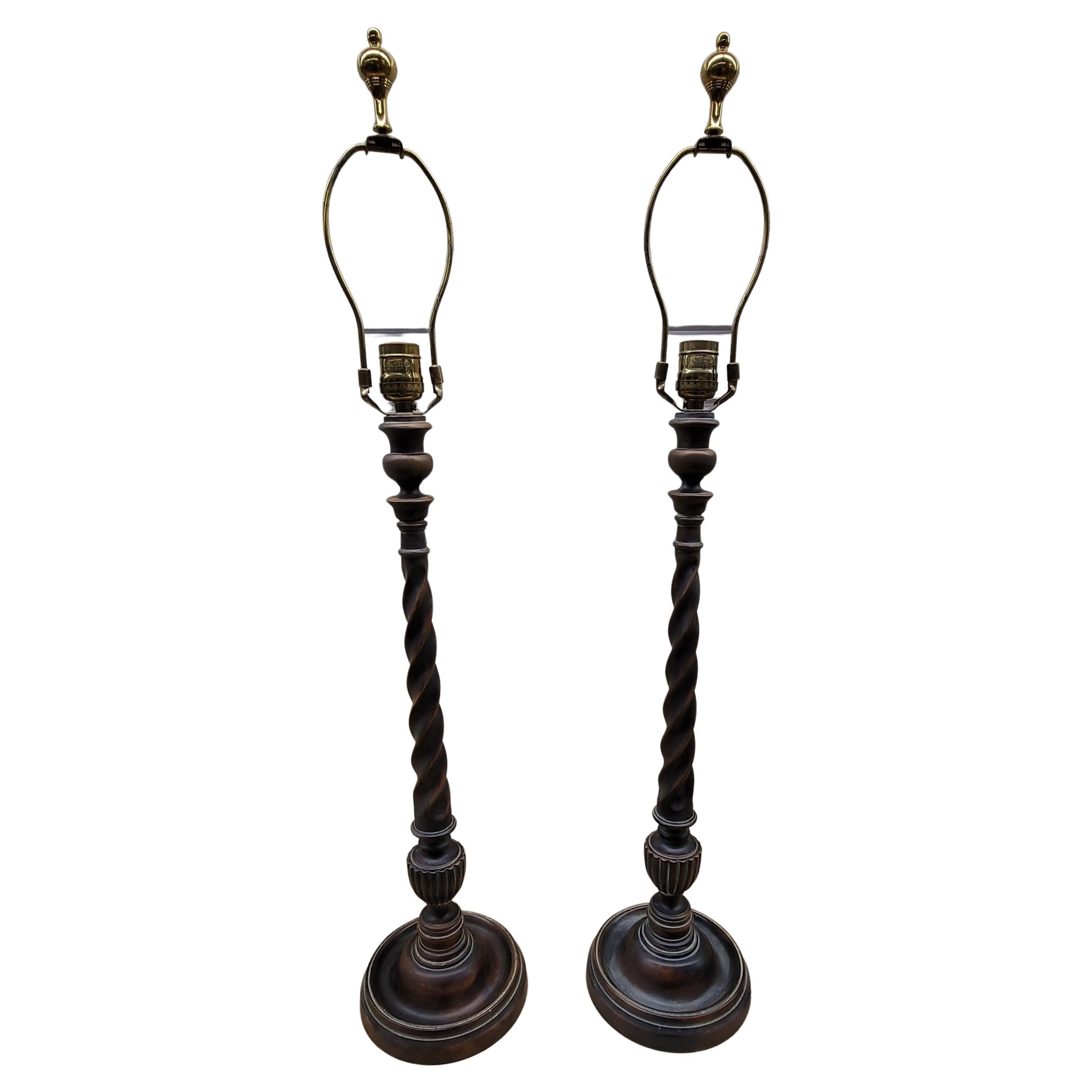 Pair Of As You Like It, barley twist solid Wood table lamps.
Measure 7 in diameter at the base, stand 25