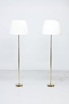 Pair of ASEA Belysning Brass Floor Lamps, 1950s, Hand-Pleated Chintz Shades
