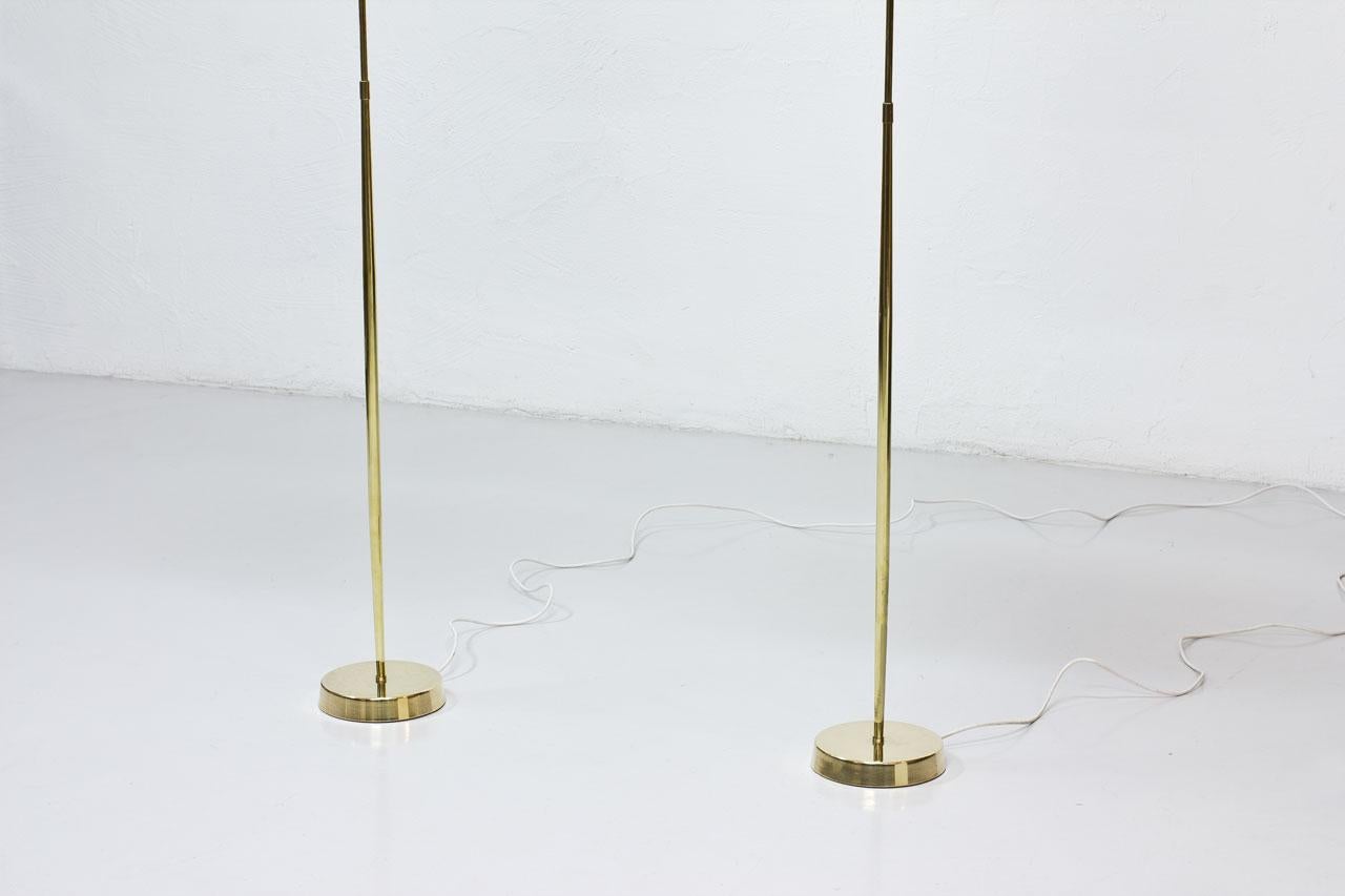 Pair of ASEA Belysning Brass Floor Lamps, 1950s, Hand-Pleated Chintz Shades 3