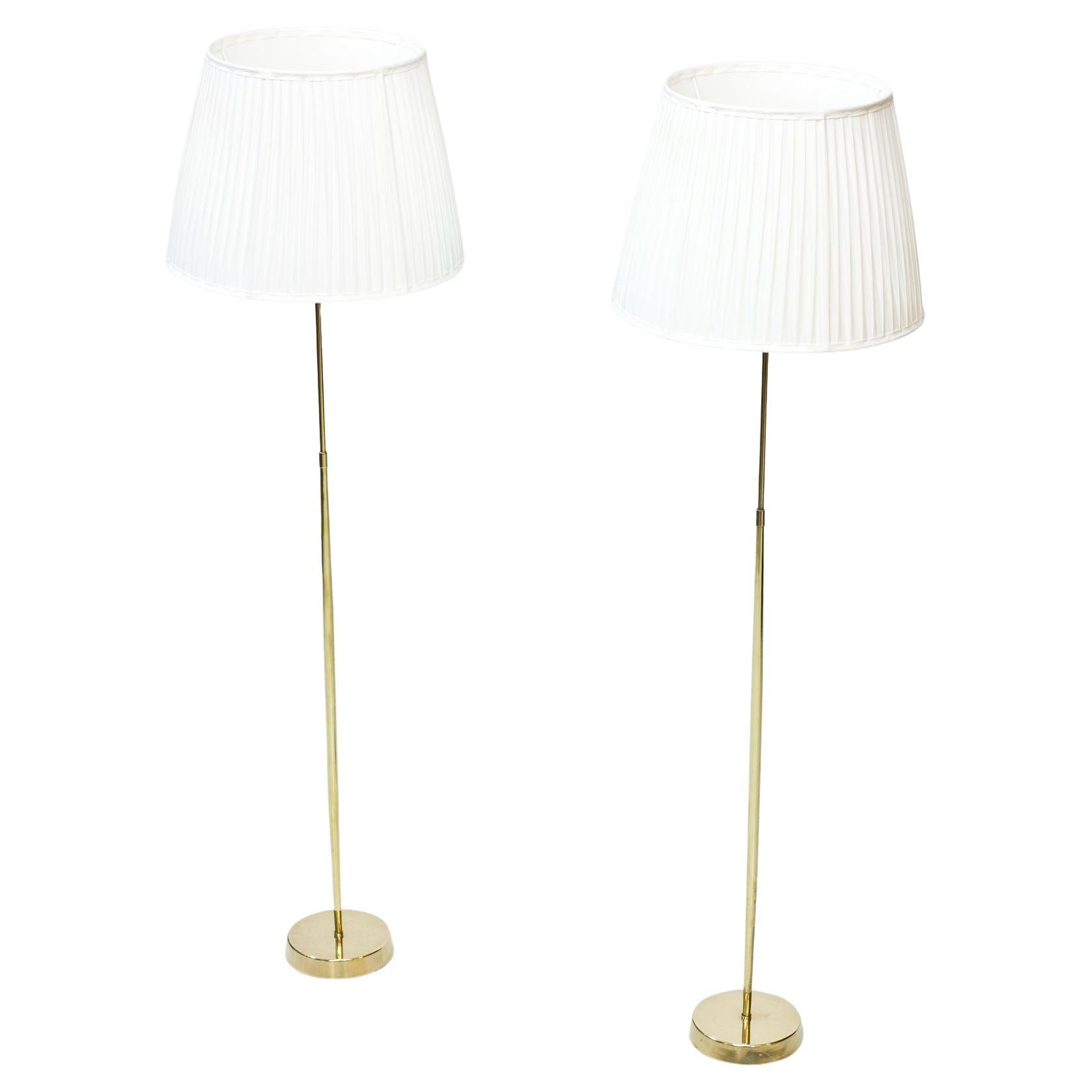 Pair of ASEA Belysning Brass Floor Lamps, 1950s, Hand-Pleated Chintz Shades