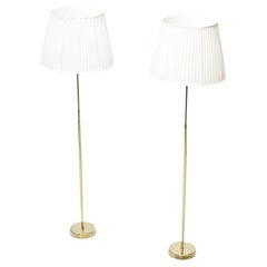 Vintage Pair of ASEA Belysning Brass Floor Lamps, 1950s, Hand-Pleated Chintz Shades