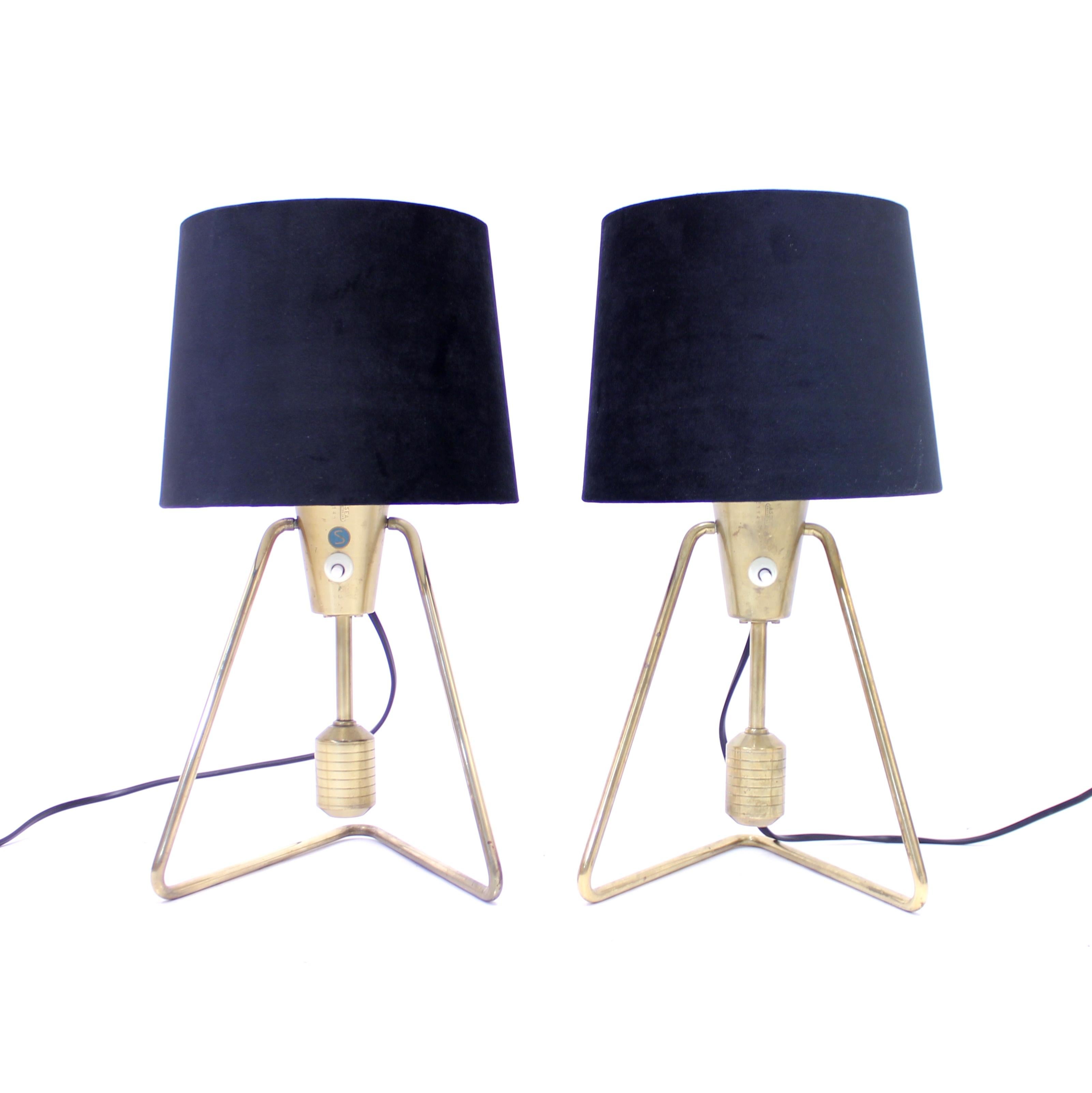 Pair of rare ASEA brass table or wall lamps from the 1950s. New black velvet shades with a diameter of 20 cm. Very good vintage condition with light ware consistent with age and use.