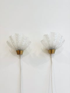 Pair of ASEA Shell Wall Lights Sconces Brass Glass Swedish Design 1950s Coquille